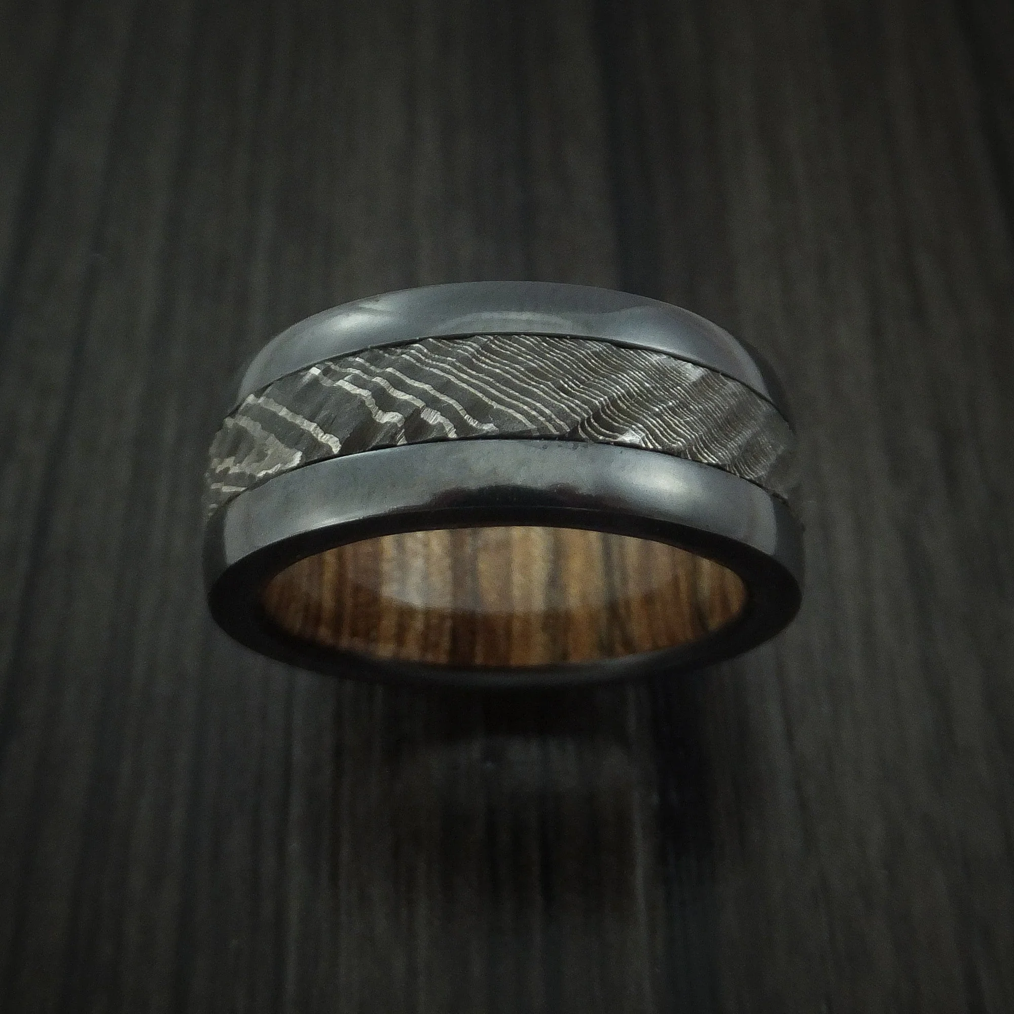 Black Titanium and Damascus Steel Men's Ring with Tree Bark Carved Finish and Walnut Hardwood Sleeve Custom Made Band - Image 2