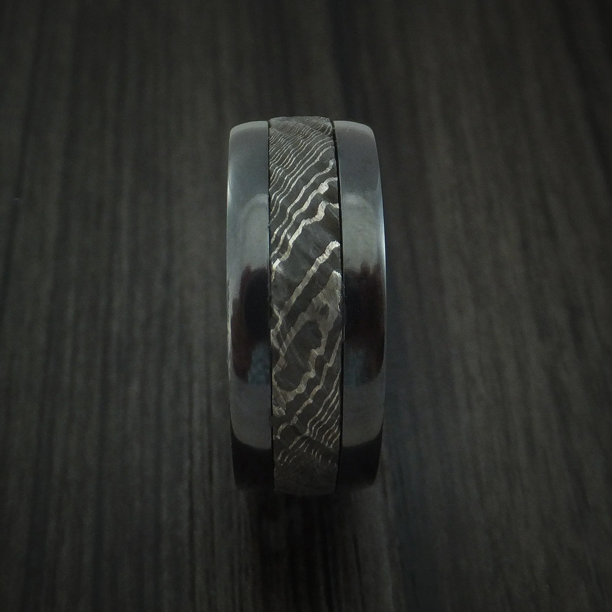 Black Titanium and Damascus Steel Men's Ring with Tree Bark Carved Finish and Walnut Hardwood Sleeve Custom Made Band - Image 3