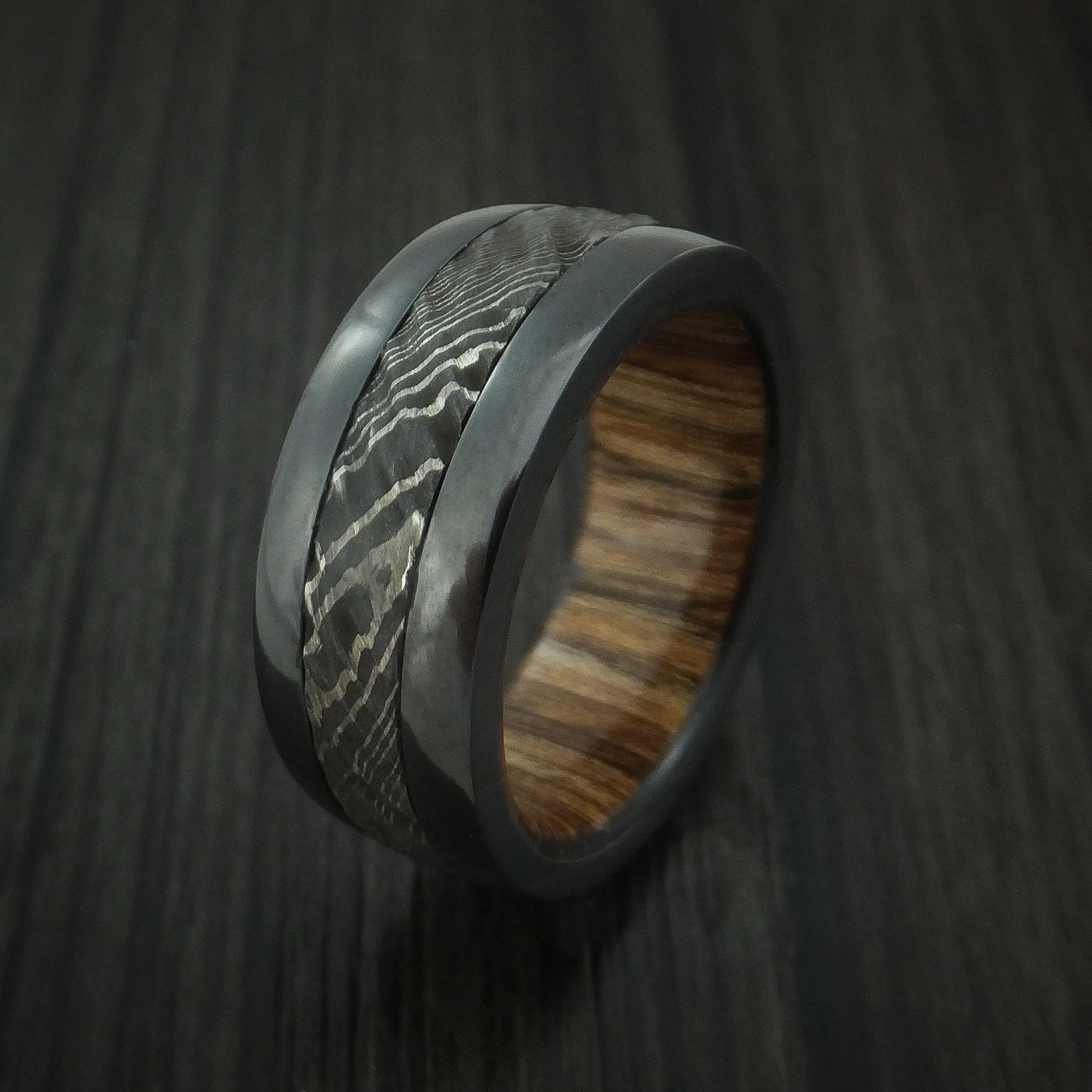 Black Titanium and Damascus Steel Men's Ring with Tree Bark Carved Finish and Walnut Hardwood Sleeve Custom Made Band - Image 4