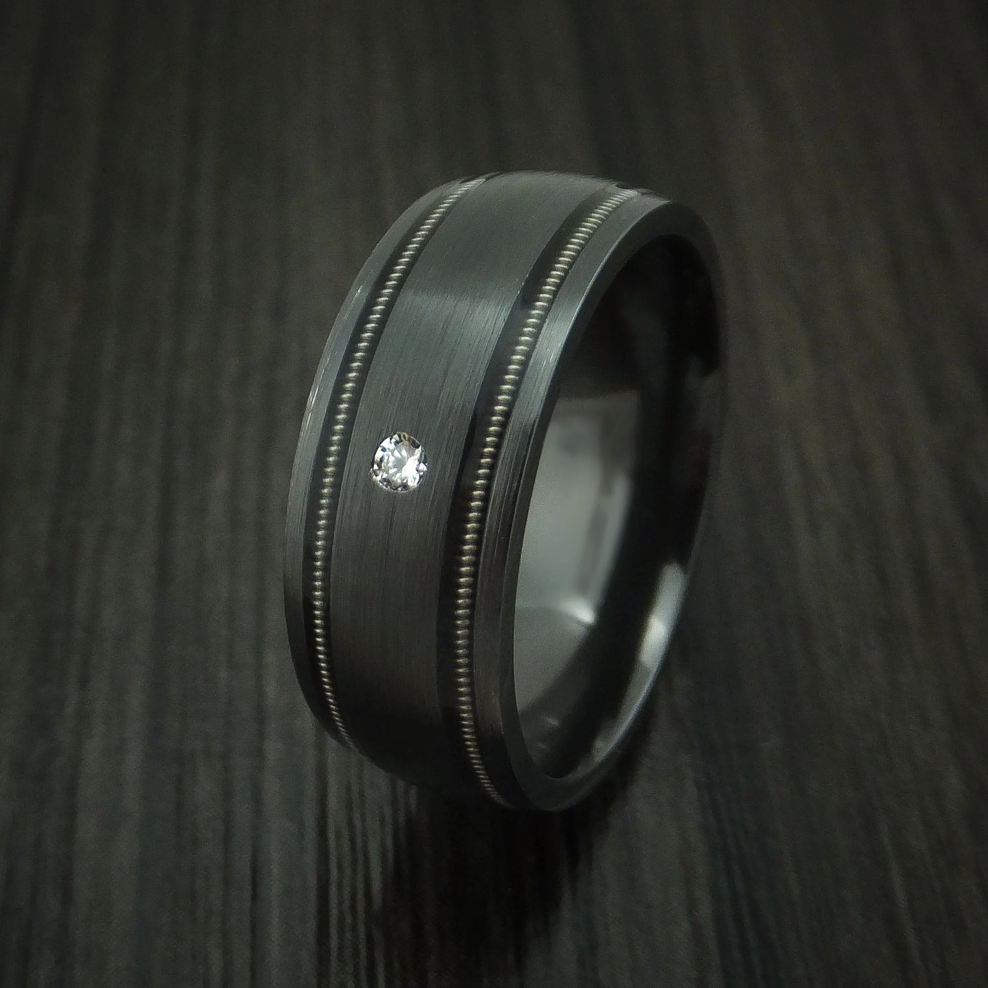 Black Titanium and Diamond Men's Ring with Guitar String Inlays Custom Made Band - Image 4