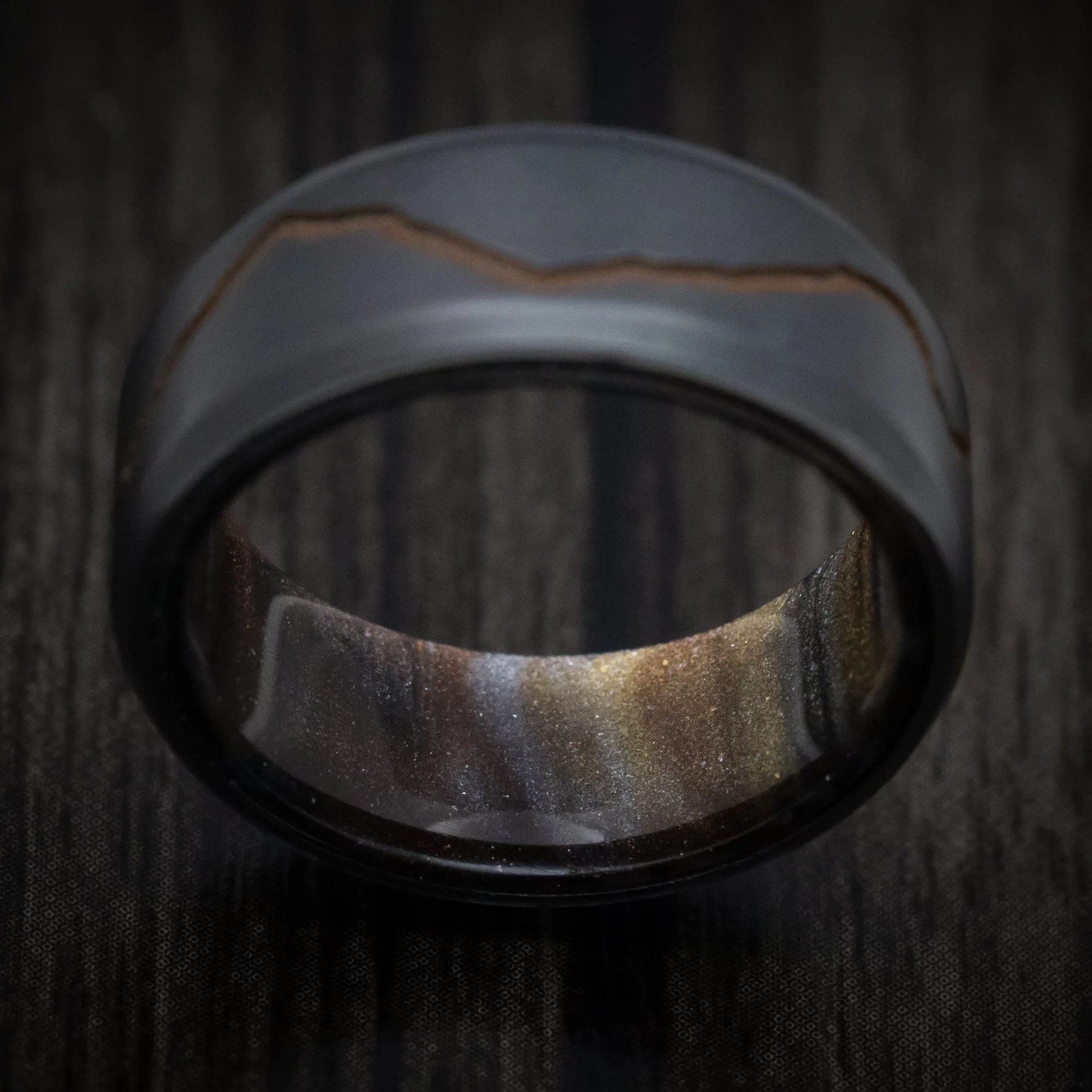 Black Titanium or Black Zirconium Custom Men's Ring with DiamondCast Sleeve and Cerakote Mountain Design - Image 3