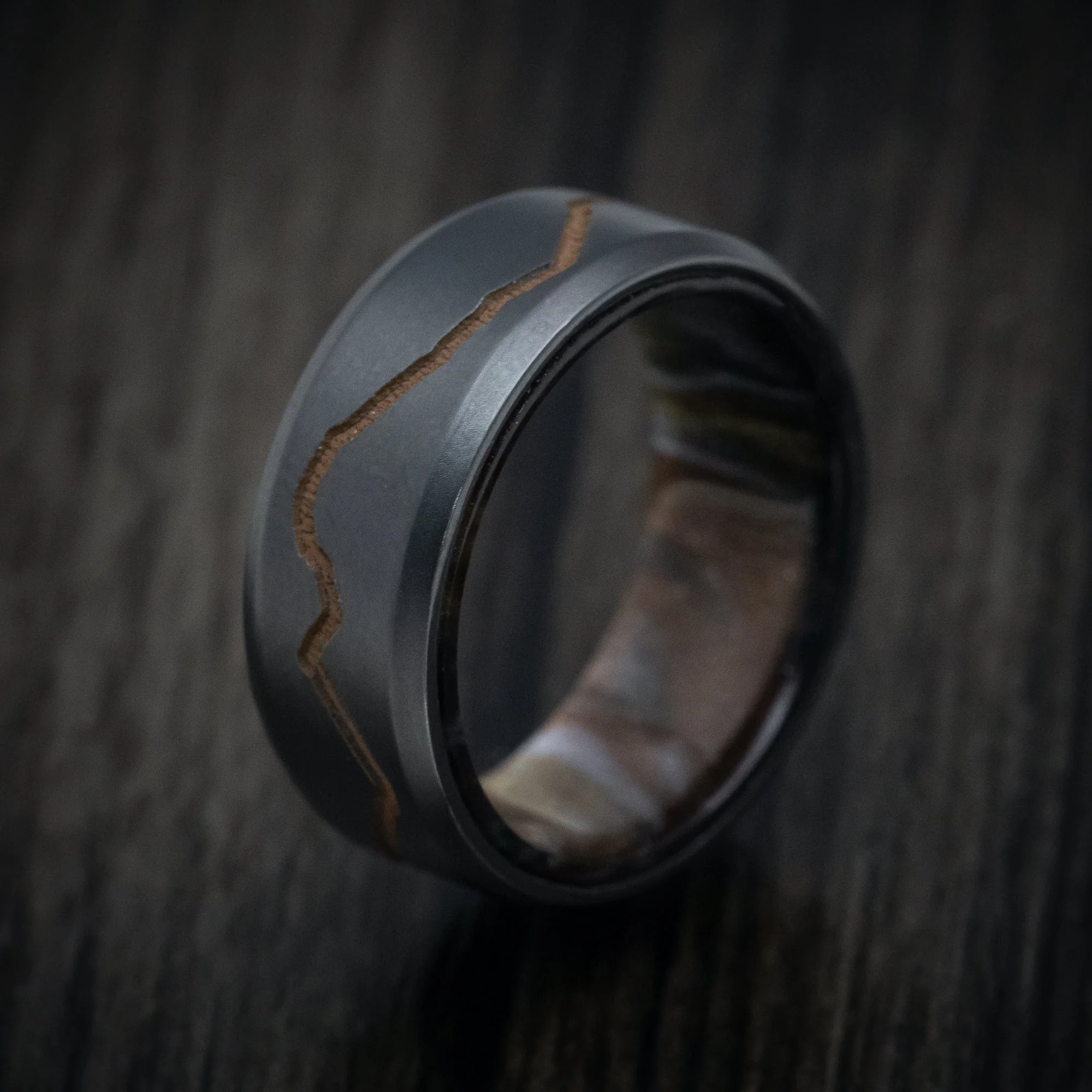 Black Titanium or Black Zirconium Custom Men's Ring with DiamondCast Sleeve and Cerakote Mountain Design - Image 5