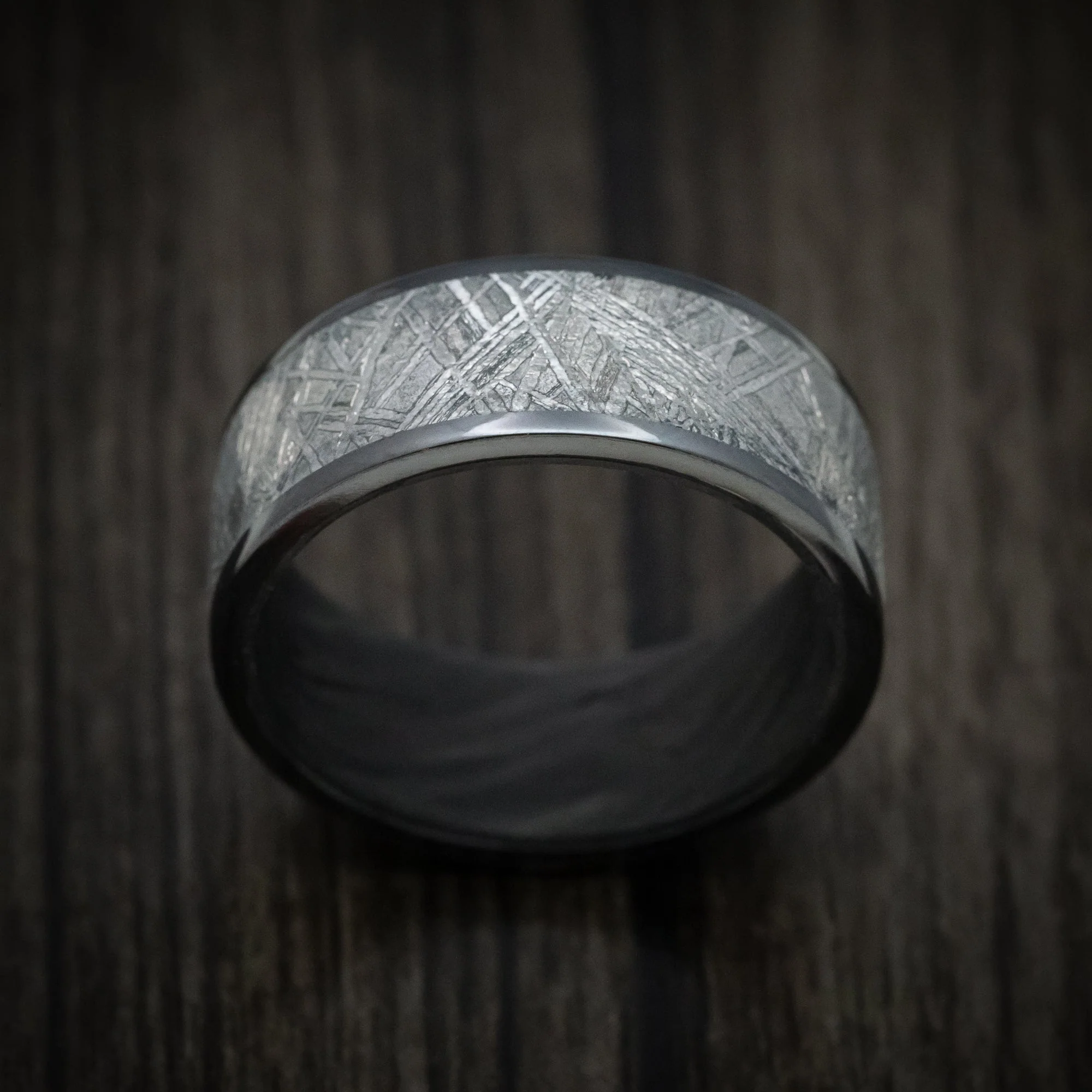 Black Titanium or Black Zirconium Custom Men's Ring with a Gibeon Meteorite Inlay and Forged Carbon Fiber Sleeve - Image 2