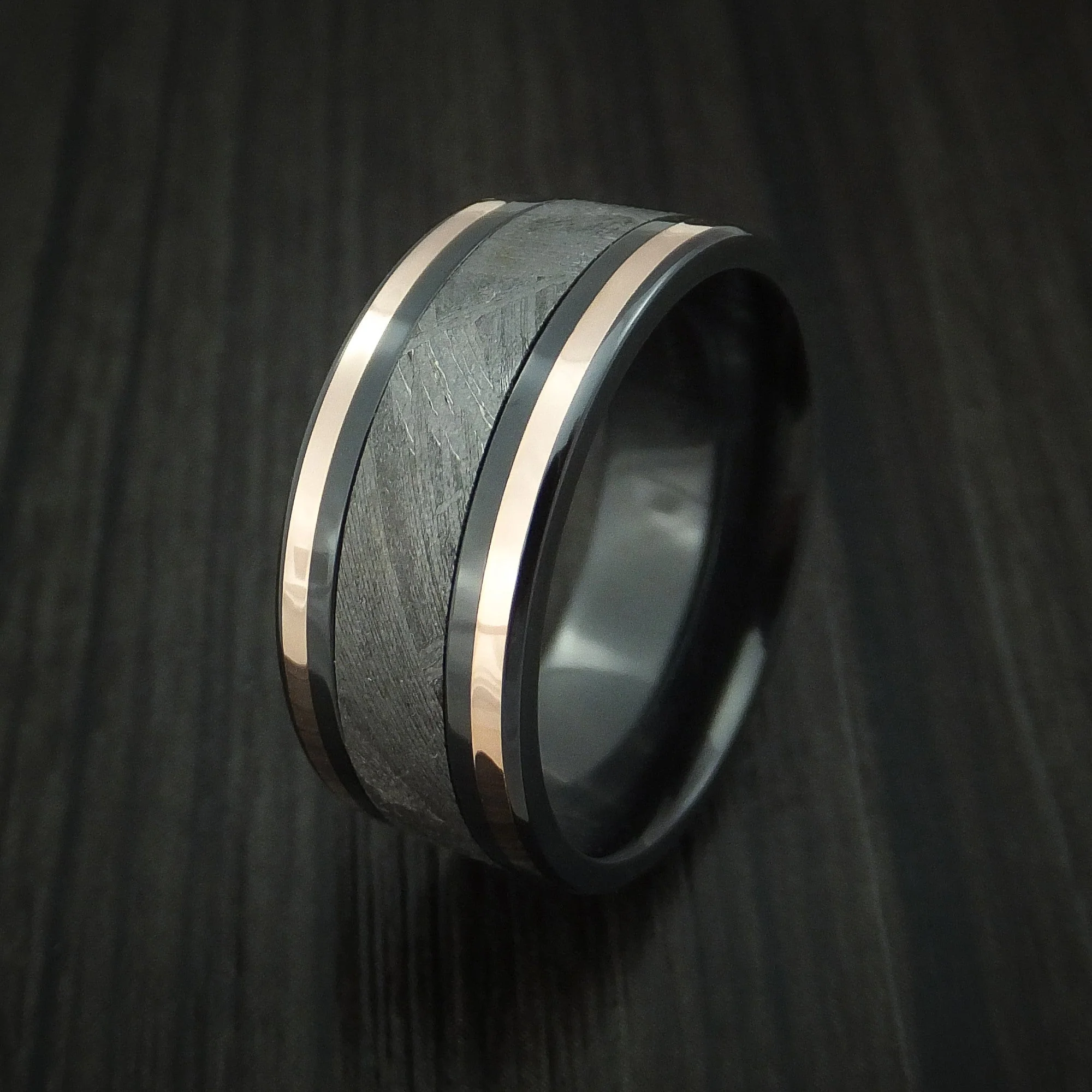 Black Titanium and Gibeon Meteorite Men's Ring with 14K Rose Gold Inlays Custom Made Band - Image 4