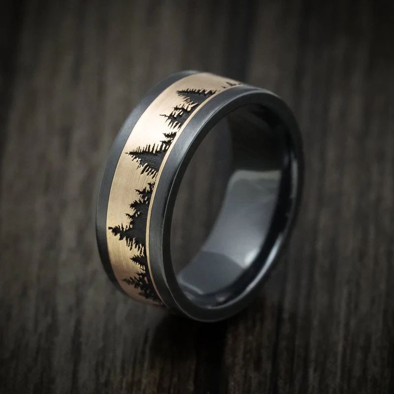 Black Titanium or Black Zirconium Custom Men's Ring with Spruce Pine Tree Design on a Gold Inlay - Image 3