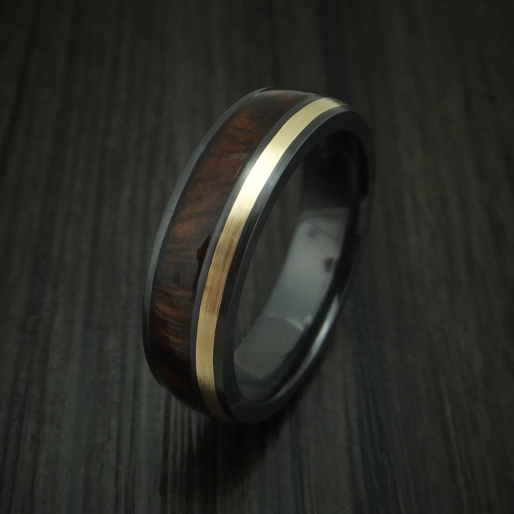 Black Titanium or Black Zirconium Custom Men's Ring with Gold and Hardwood Inlays - Image 3