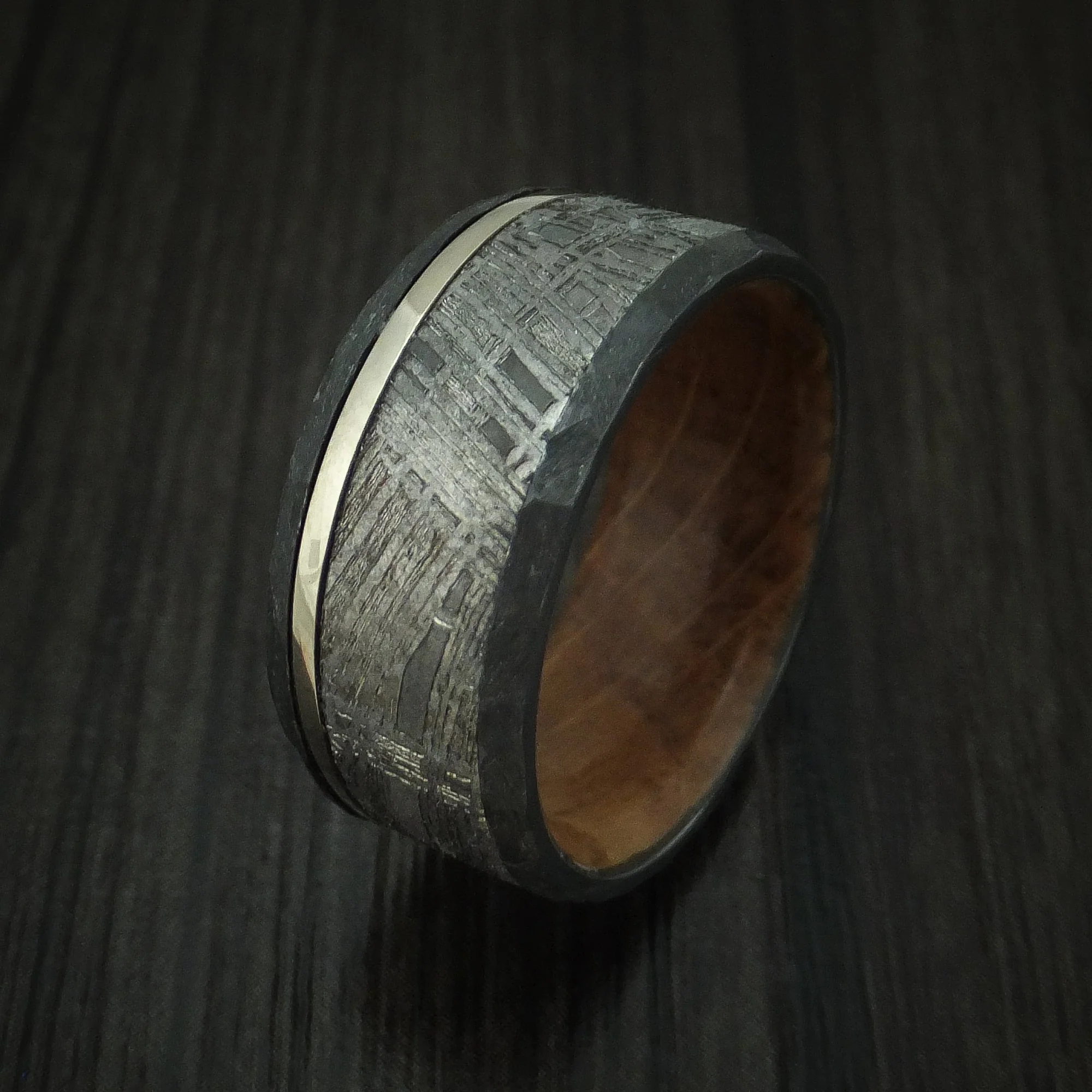Black Titanium or Black Zirconium Custom Men's Ring with Meteorite and Platinum Inlays and a Wood Sleeve - Image 4