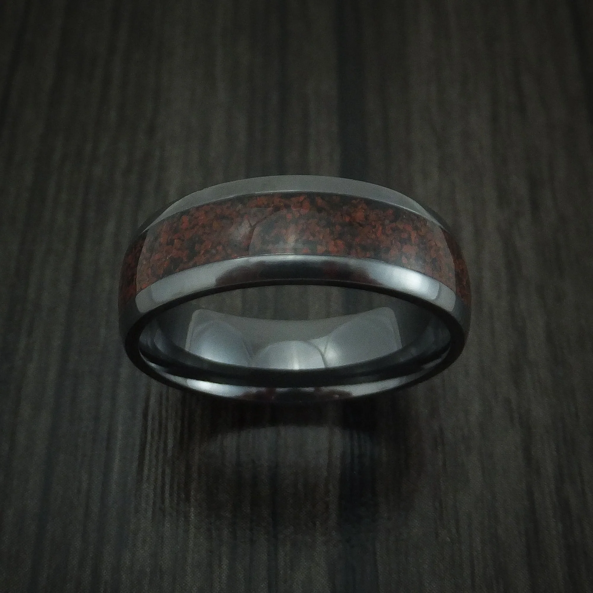 Black Titanium and Red Dinosaur Bone Men's Ring Custom Made Fossil Band - Image 2