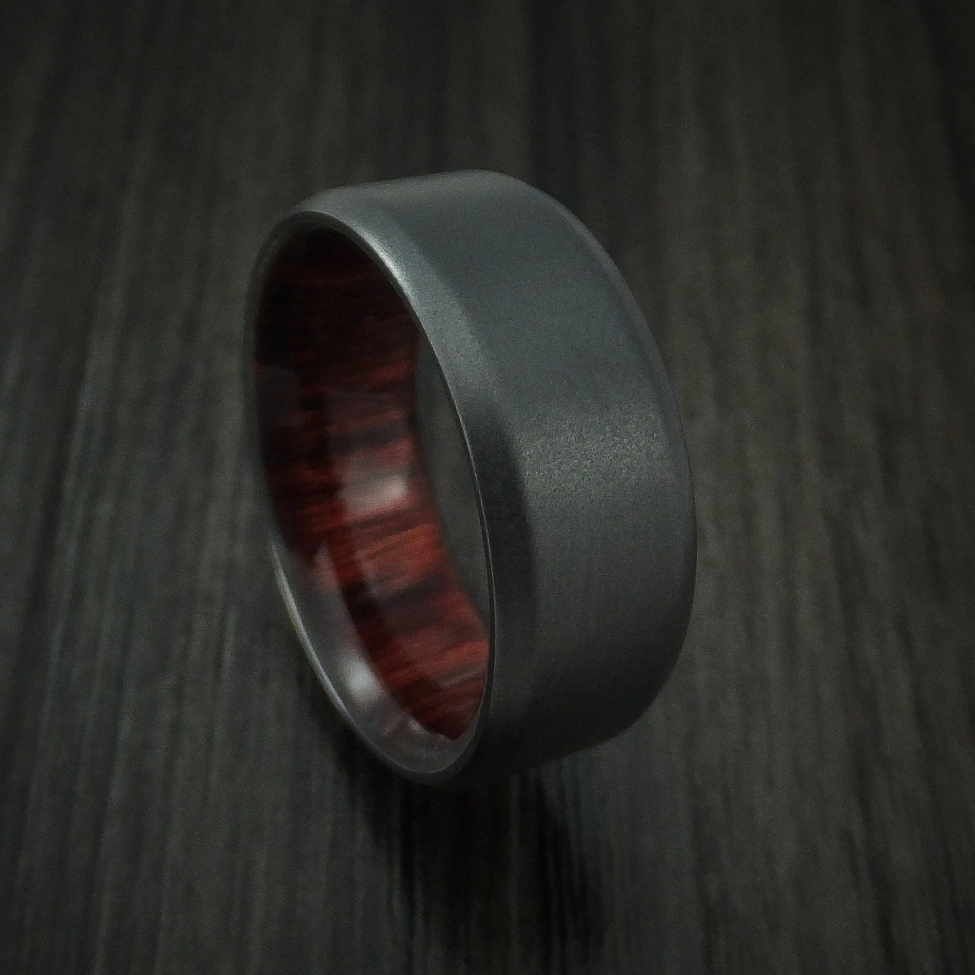 Black Titanium or Black Zirconium Custom Men's Ring and Red Heart Wood Sleeve