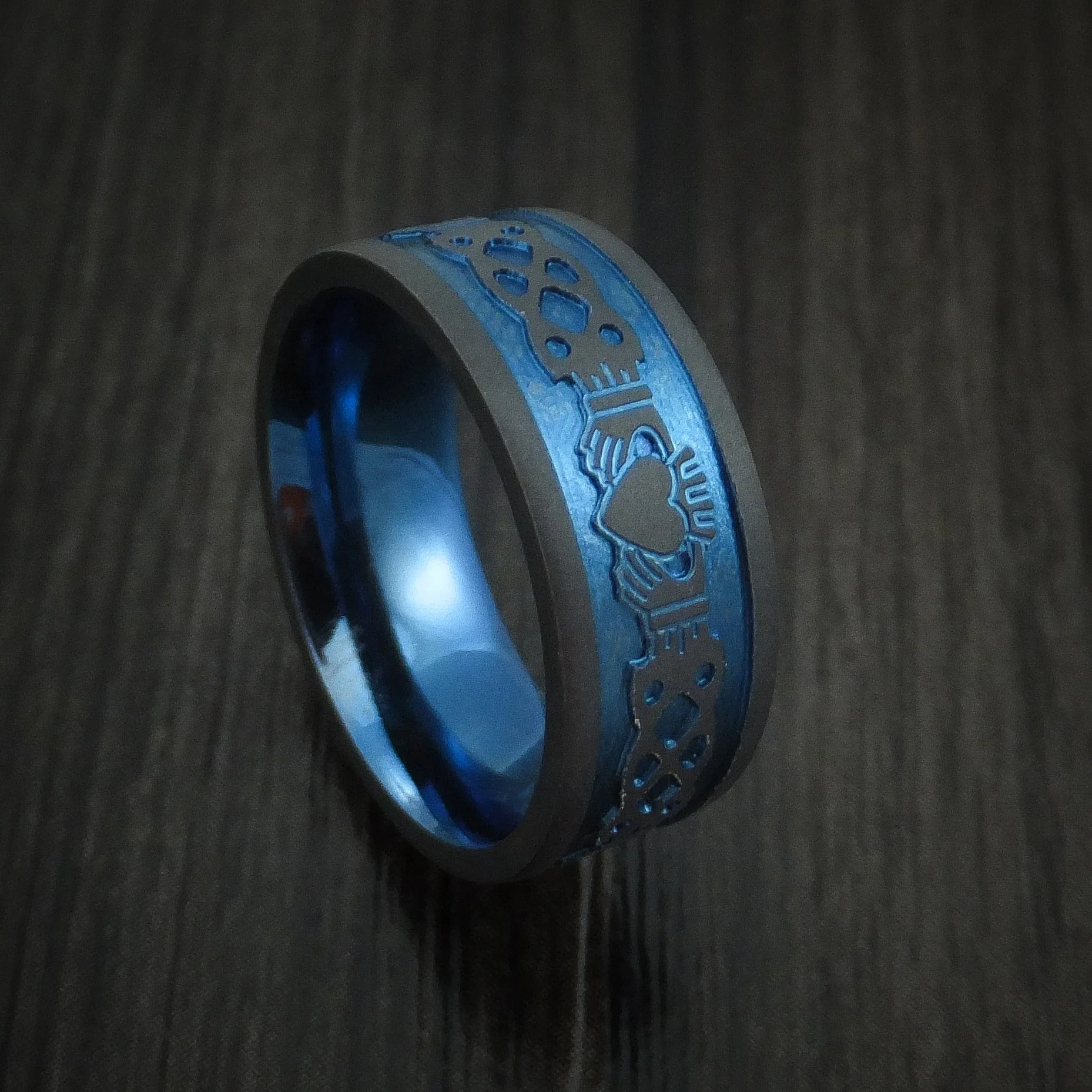 Black Titanium or Black Zirconium Custom Men's Ring with Anodizing and a Celtic Irish Claddagh Design