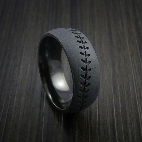 Black Titanium or Black Zirconium Custom Men's Ring with Baseball Stitching Pattern - Image 12