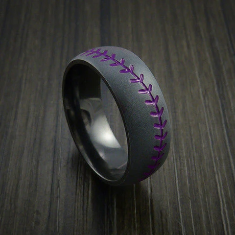 Black Titanium or Black Zirconium Custom Men's Ring with Baseball Stitching Pattern - Image 9