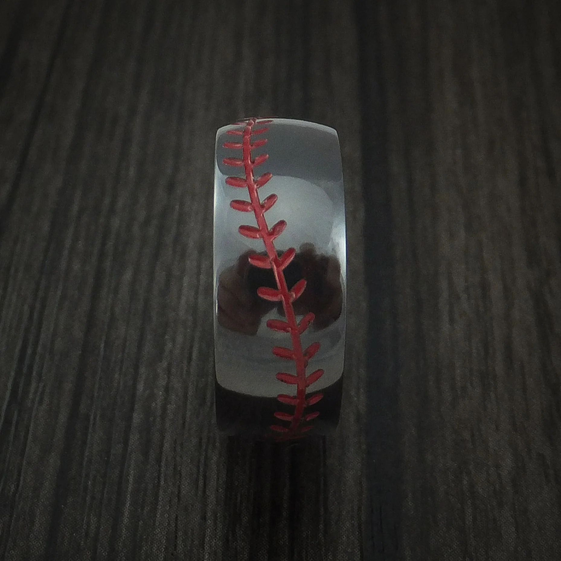 Black Titanium Baseball Stitch Men's Ring with Custom Color and Hardwood Sleeve - Image 3