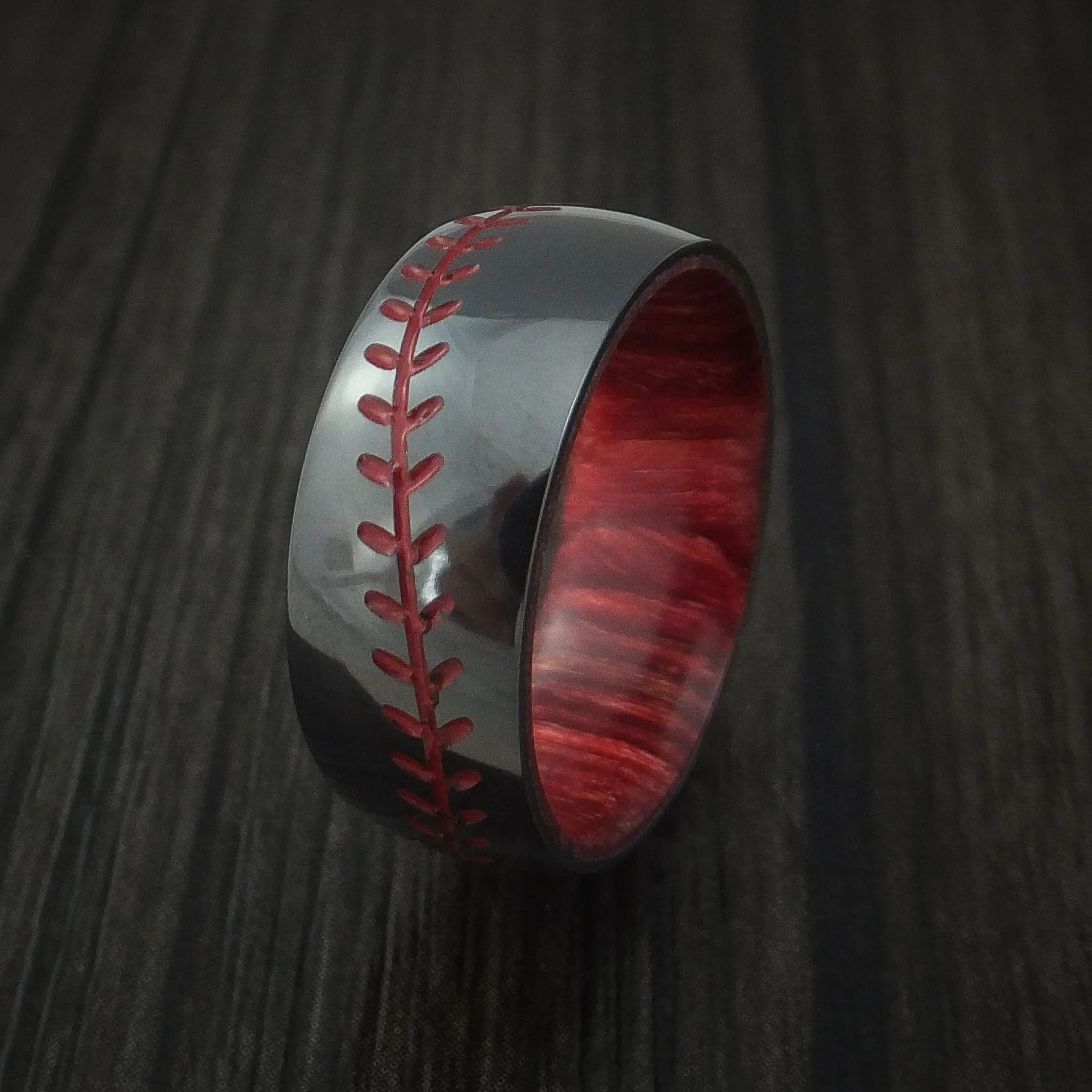 Black Titanium Baseball Stitch Men's Ring with Custom Color and Hardwood Sleeve - Image 4