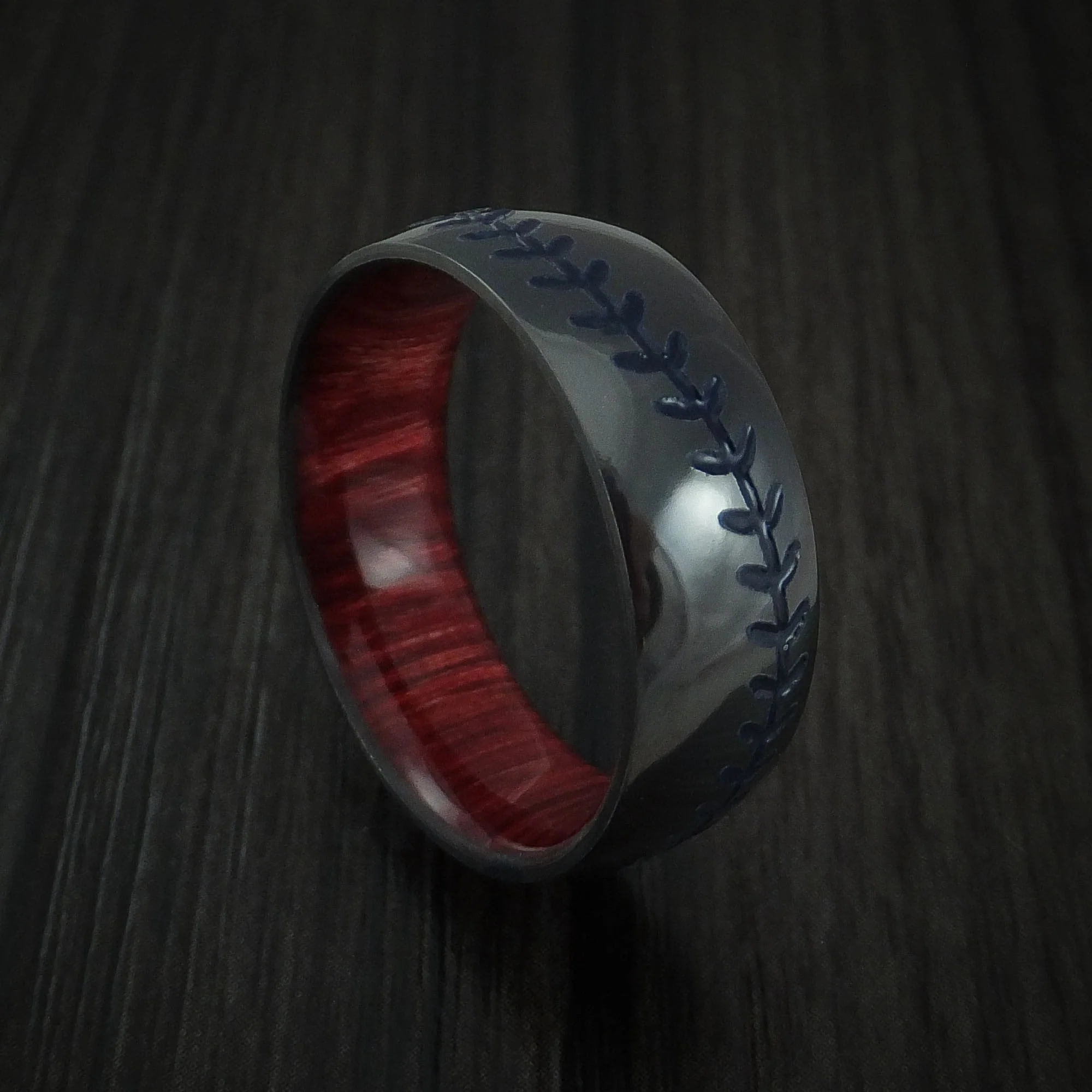 Black Titanium Baseball Stitch Men's Ring with Custom Color and Hardwood Sleeve - Image 5