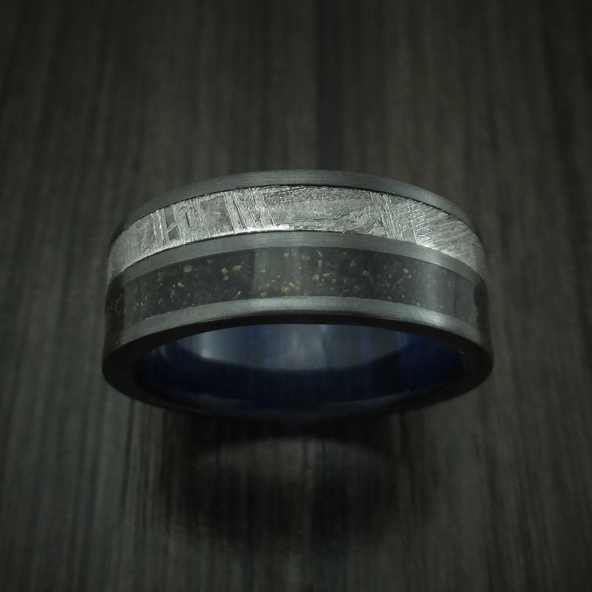 Black Titanium Dinosaur Bone and Gibeon Meteorite Men's Ring with Wood Sleeve Custom Made Fossil Band - Image 2