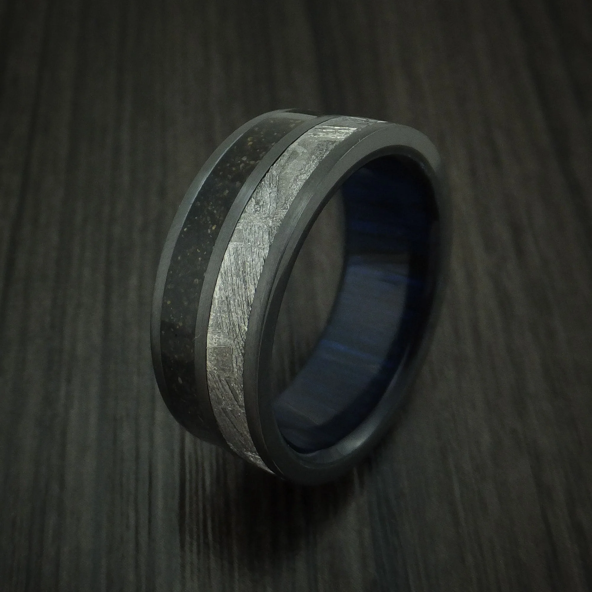 Black Titanium Dinosaur Bone and Gibeon Meteorite Men's Ring with Wood Sleeve Custom Made Fossil Band - Image 4