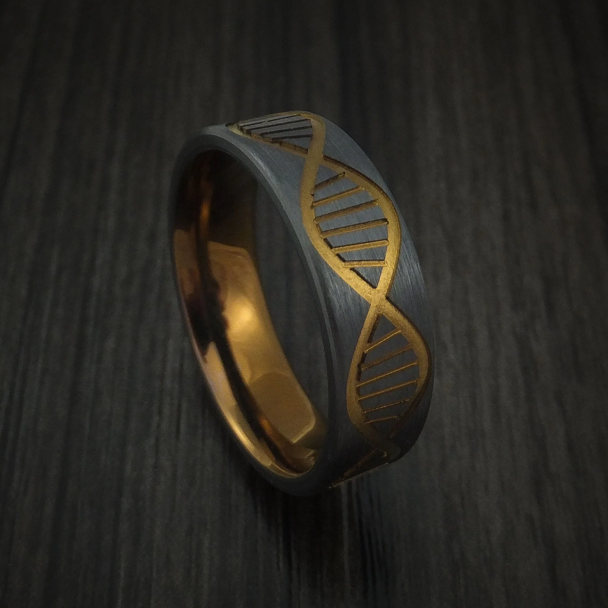Black Titanium or Black Zirconium Custom Men's Ring with DNA Strand Design and Anodizing