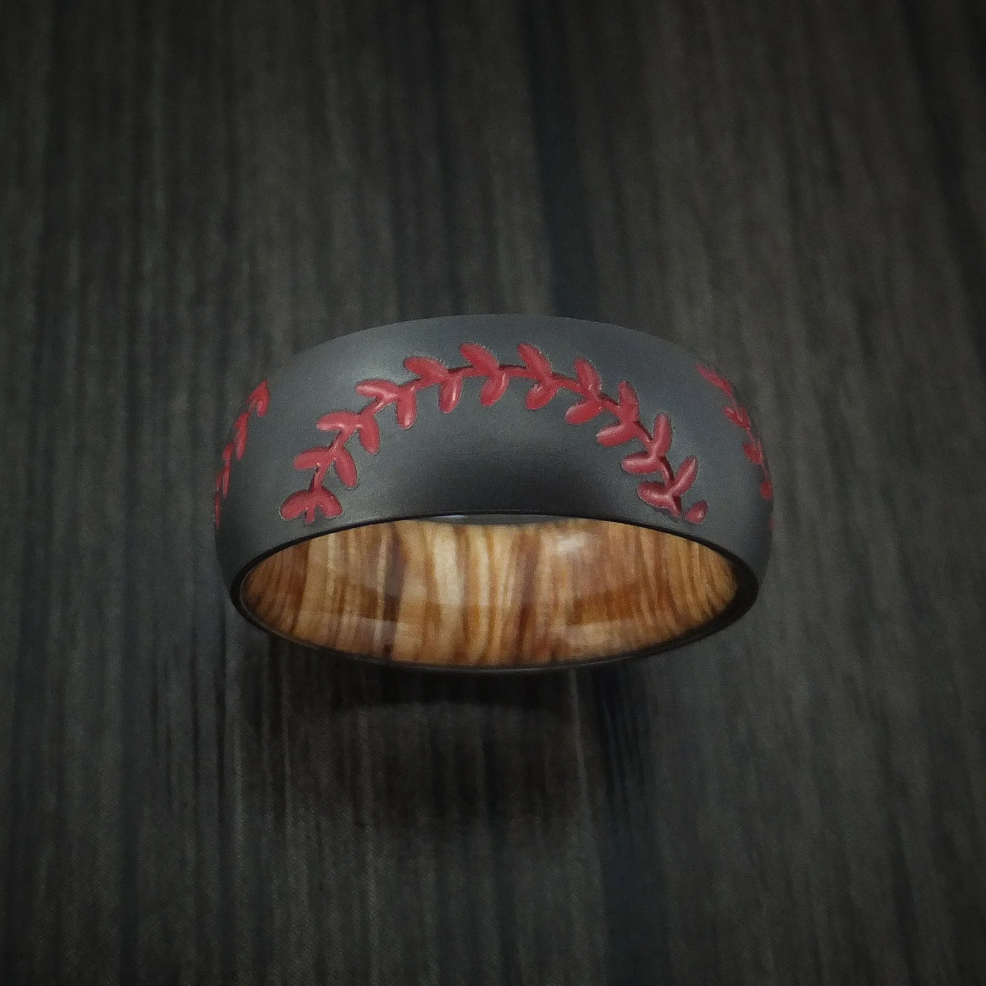 Black Titanium Double Stitch Baseball Men's Ring with Custom Color and Hardwood Sleeve - Image 3