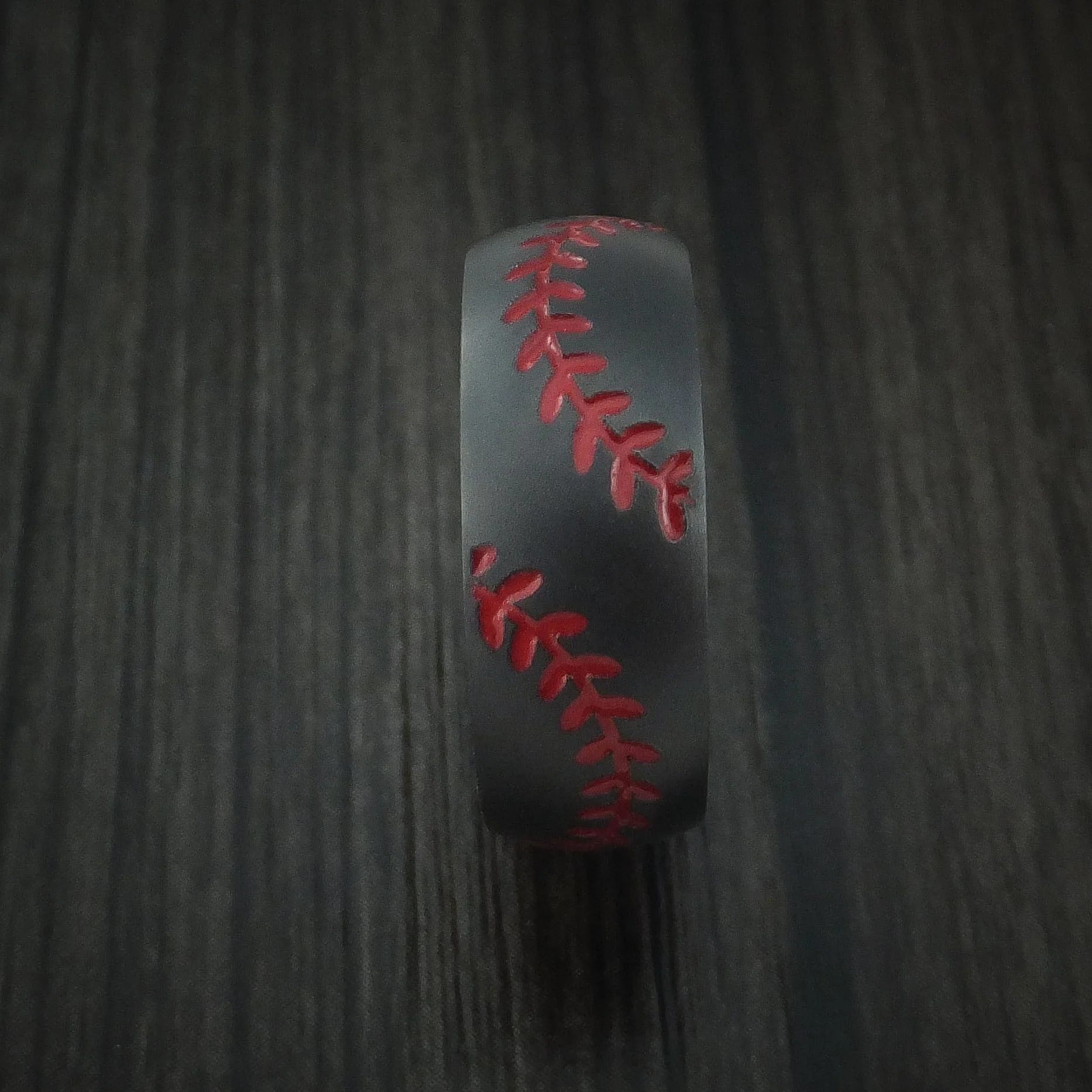 Black Titanium Double Stitch Baseball Men's Ring with Custom Color and Hardwood Sleeve - Image 4