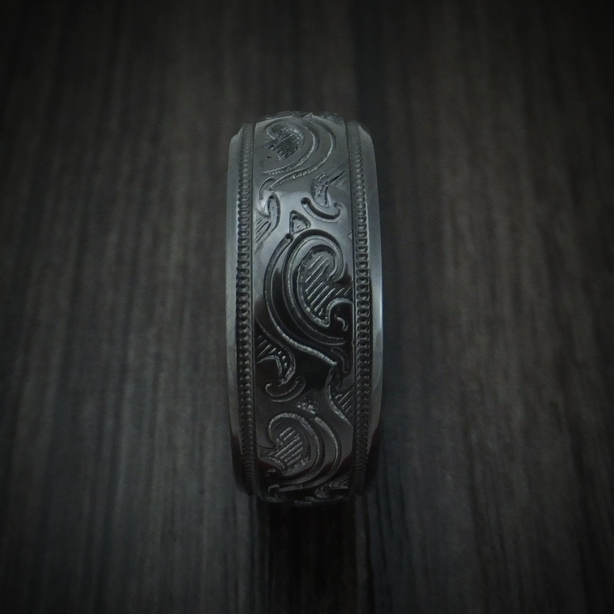 Black Titanium or Black Zirconium Custom Men's Ring with Floral Design - Image 3