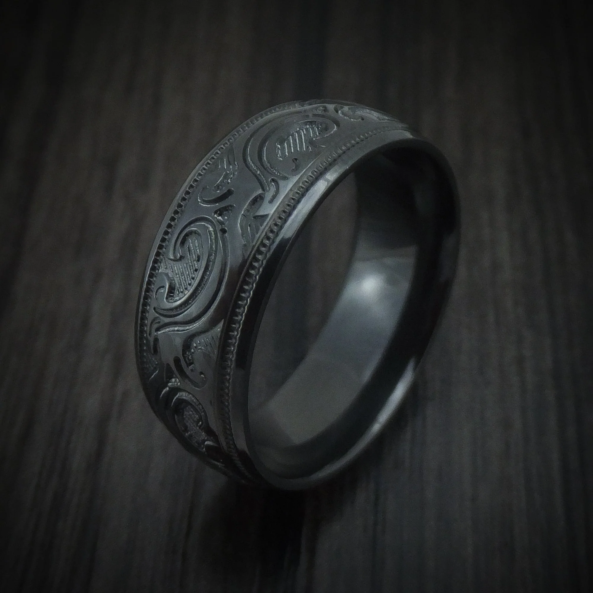 Black Titanium or Black Zirconium Custom Men's Ring with Floral Design - Image 4