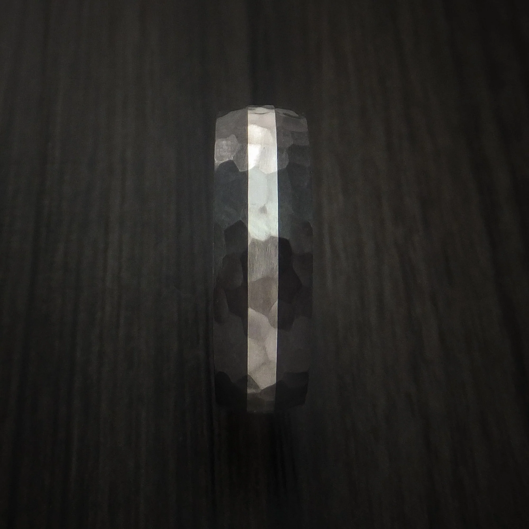 Black Titanium or Black Zirconium Custom Men's Ring with a Hammer Finish and Palladium Silver Inlay - Image 3