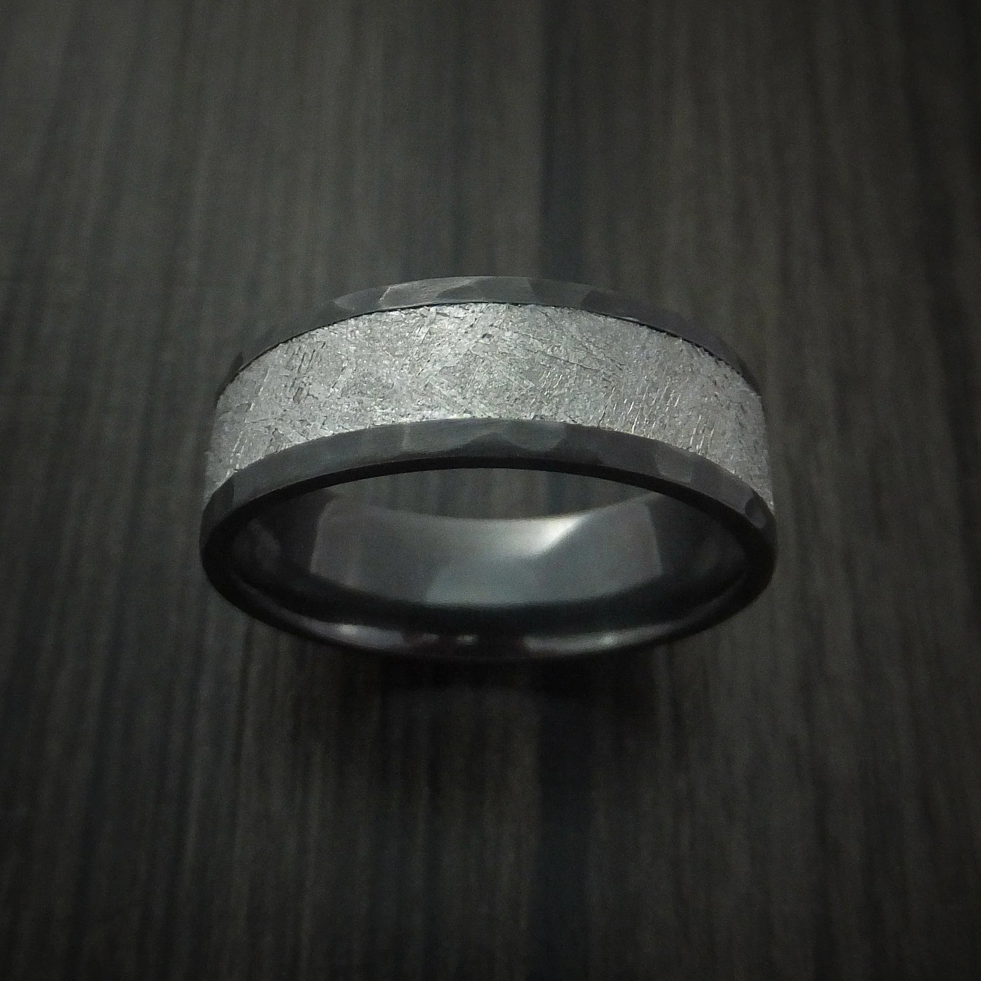 Black Titanium Hammered Men's Ring with Gibeon Meteorite Inlay Custom Made - Image 2