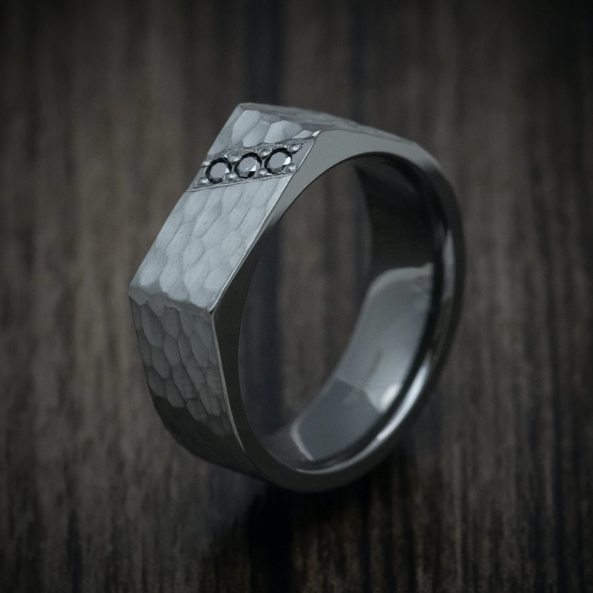 Black Titanium or Black Zirconium Custom Men's Signet Ring with Black Diamonds and a Hammer Finish - Image 4