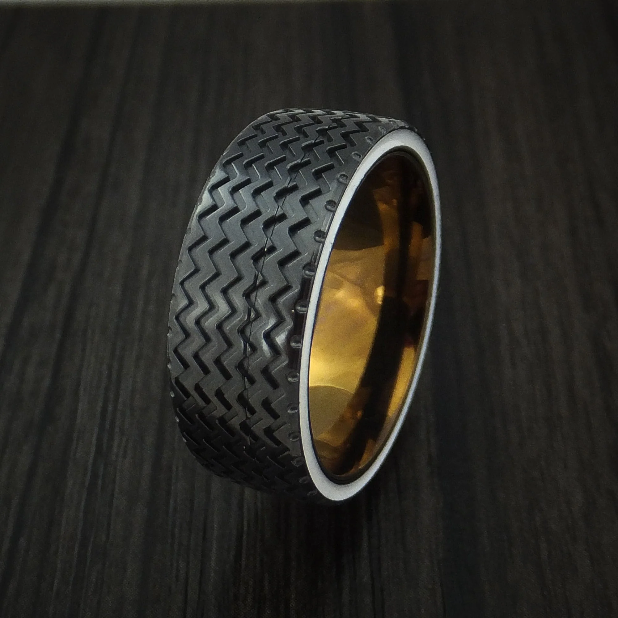 Black Titanium Hot Rod White Wall Tire Tread Spinner Men's Ring Custom Made Anodized Band - Image 4