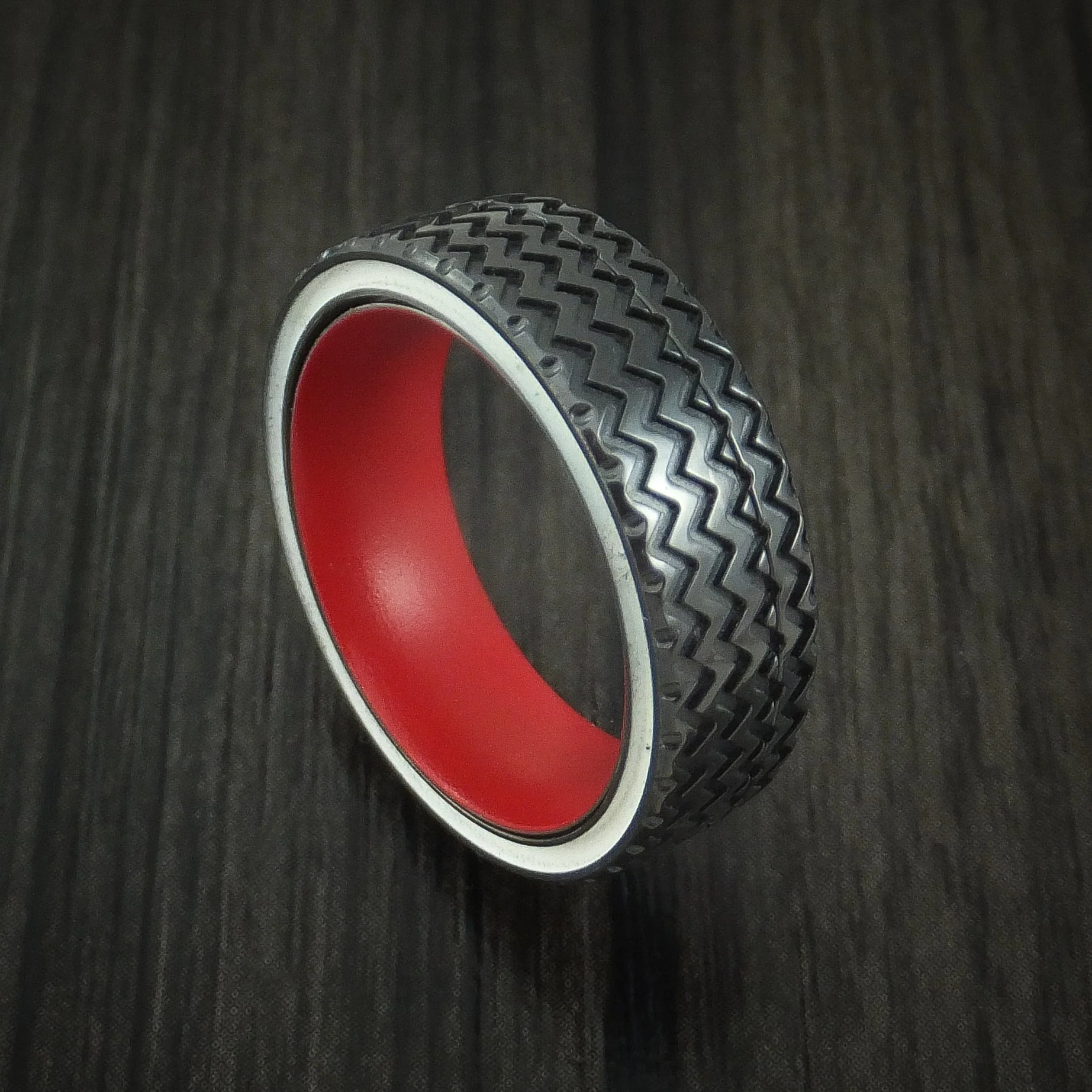 Black Titanium or Black Zirconium Custom Men's Ring with Hot Rod White Wall Tire Tread Spinner and an Interior Cerakote Sleeve