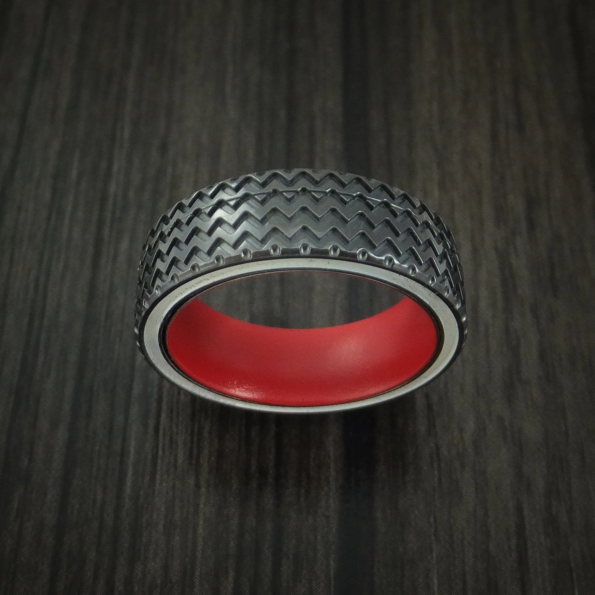 Black Titanium or Black Zirconium Custom Men's Ring with Hot Rod White Wall Tire Tread Spinner and an Interior Cerakote Sleeve - Image 2