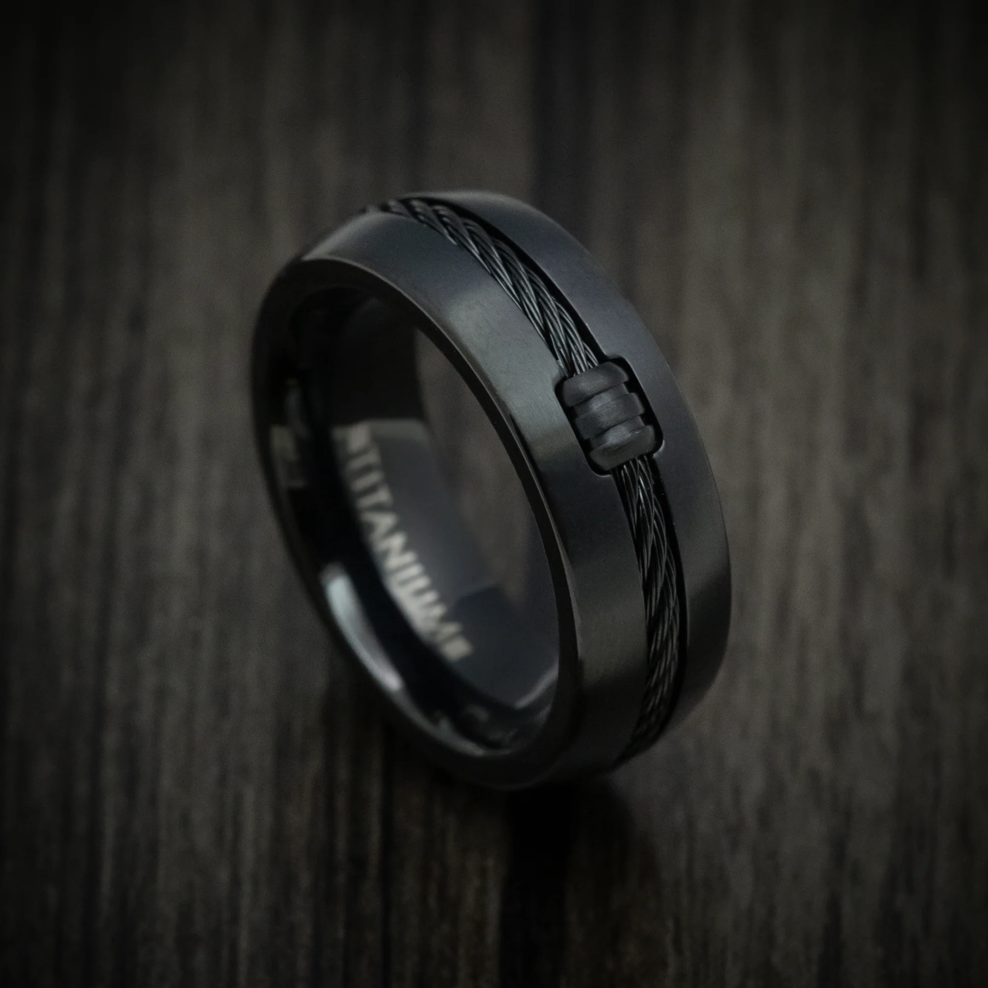 Black Titanium Men's Ring with Black Cable Inlay