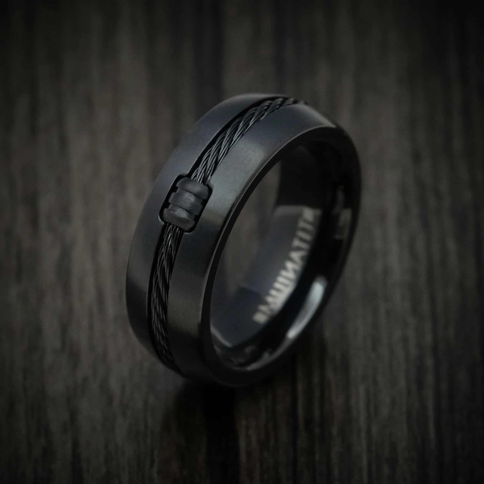 Black Titanium Men's Ring with Black Cable Inlay - Image 4