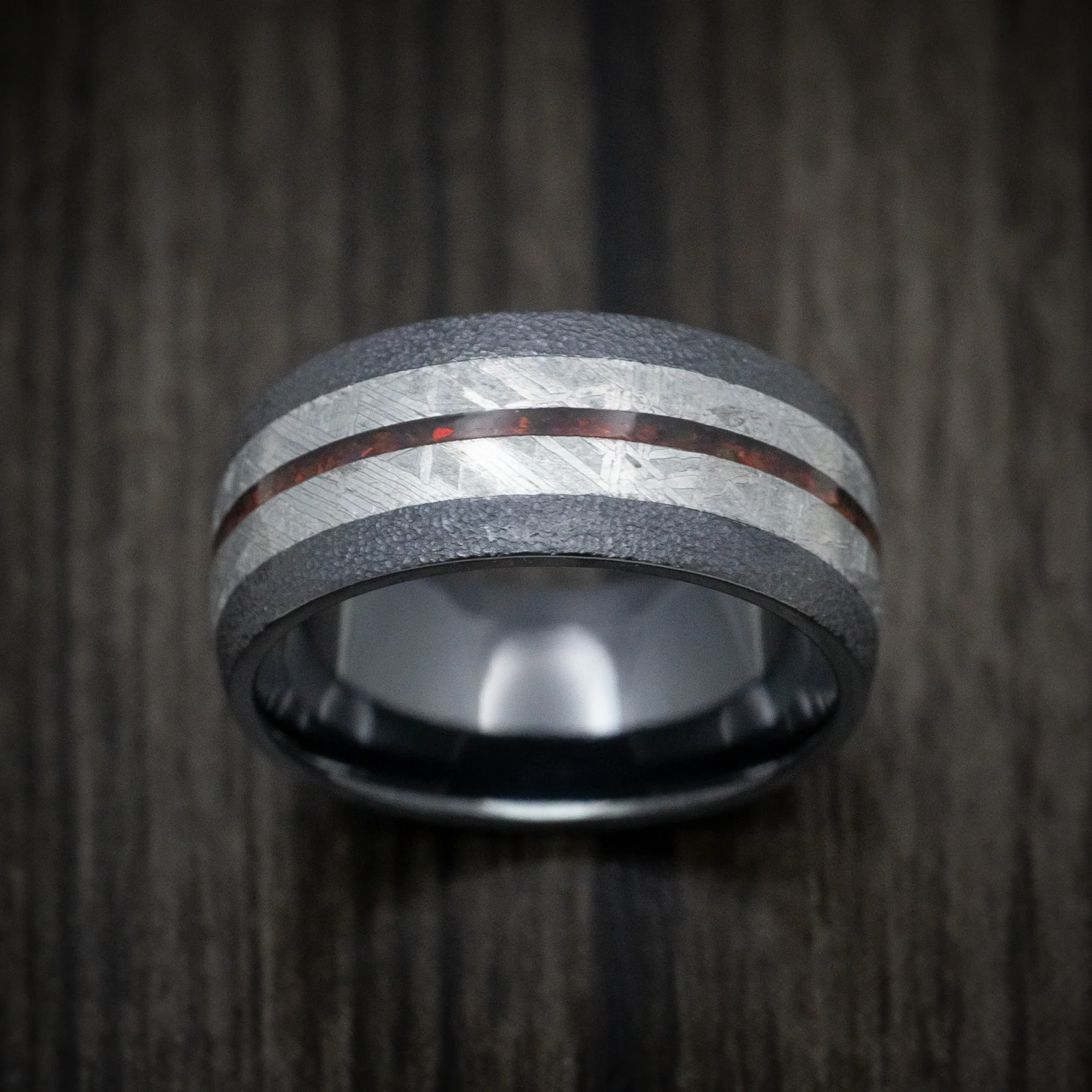 Black Titanium or Black Zirconium Ring with Meteorite and Opal Inlays - Image 2