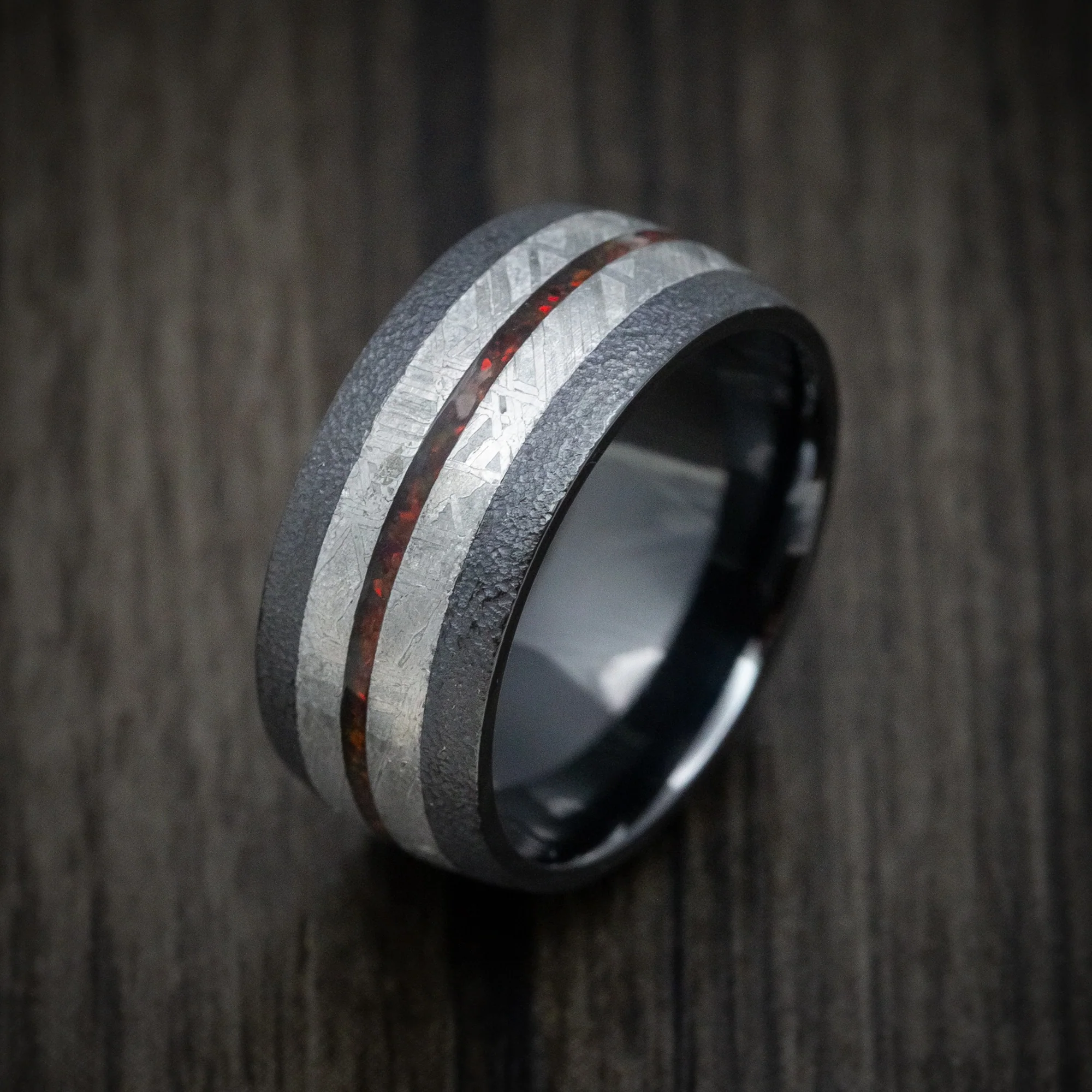 Black Titanium or Black Zirconium Ring with Meteorite and Opal Inlays - Image 3