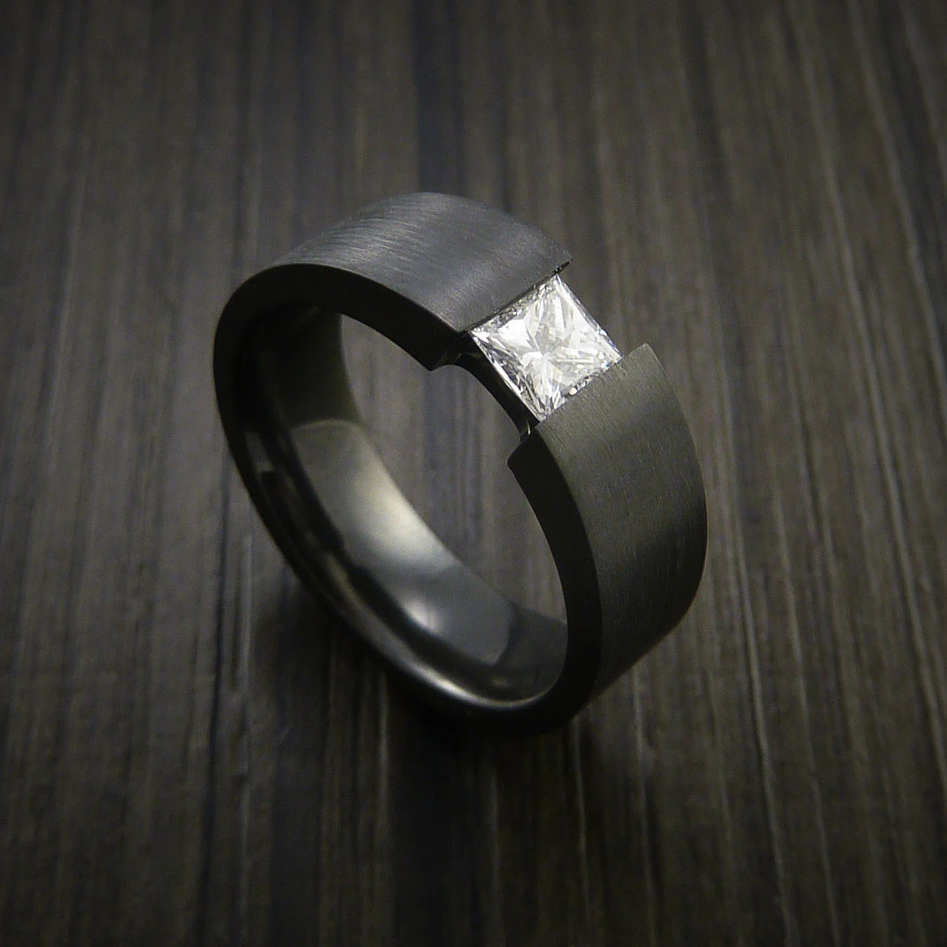 Black Titanium or Black Zirconium Custom Men's Ring with Faux Tension Set Princess Cut Moissanite