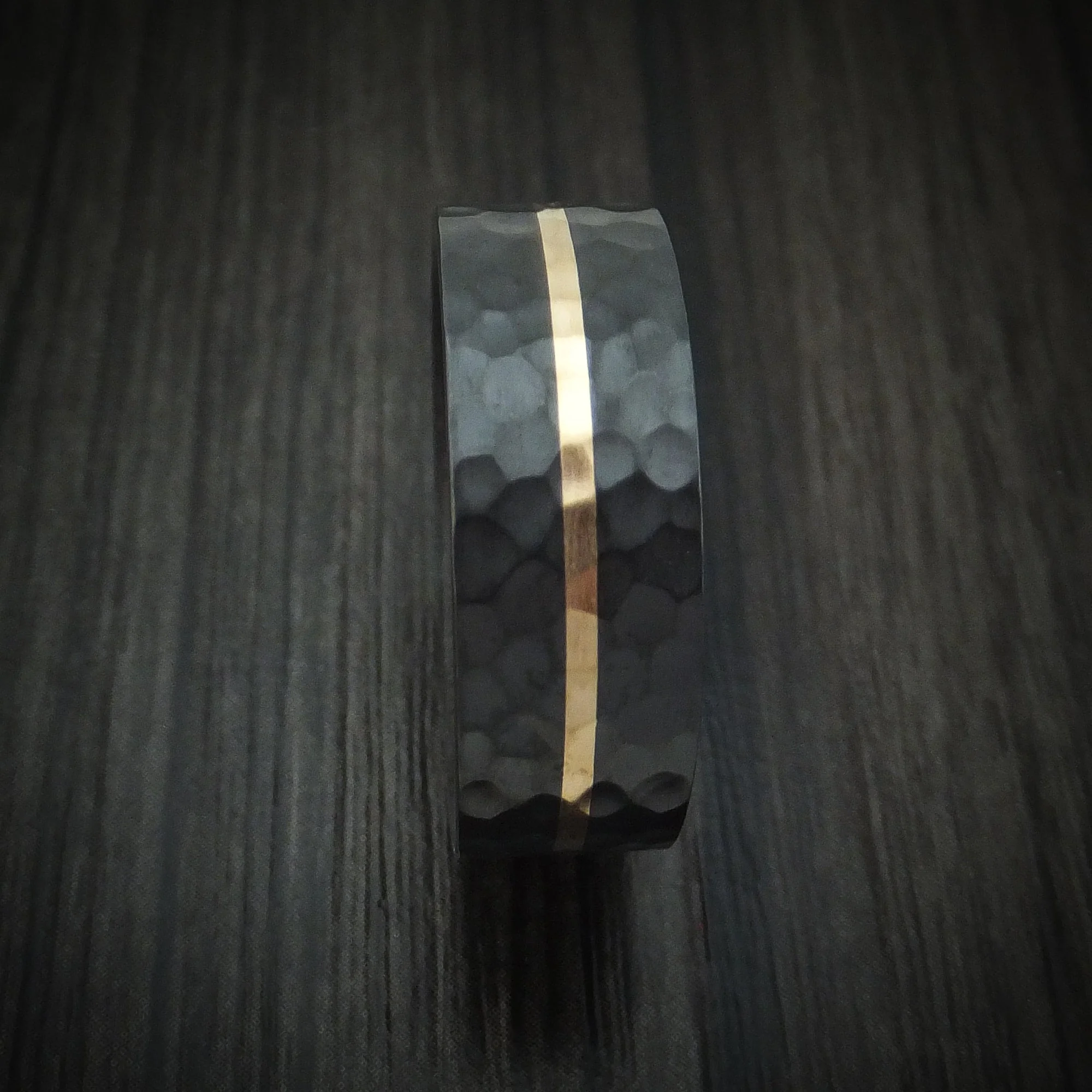 Black Titanium Men's Ring with 14K Gold and Wood Sleeve Custom Made Band - Image 3