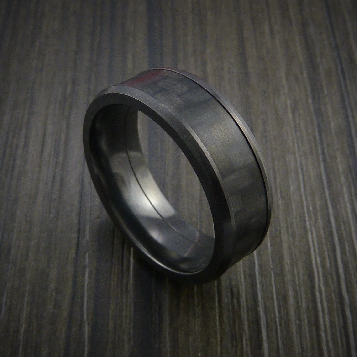 Black Titanium or Black Zirconium Custom Men's Ring with Carbon Fiber Inlay