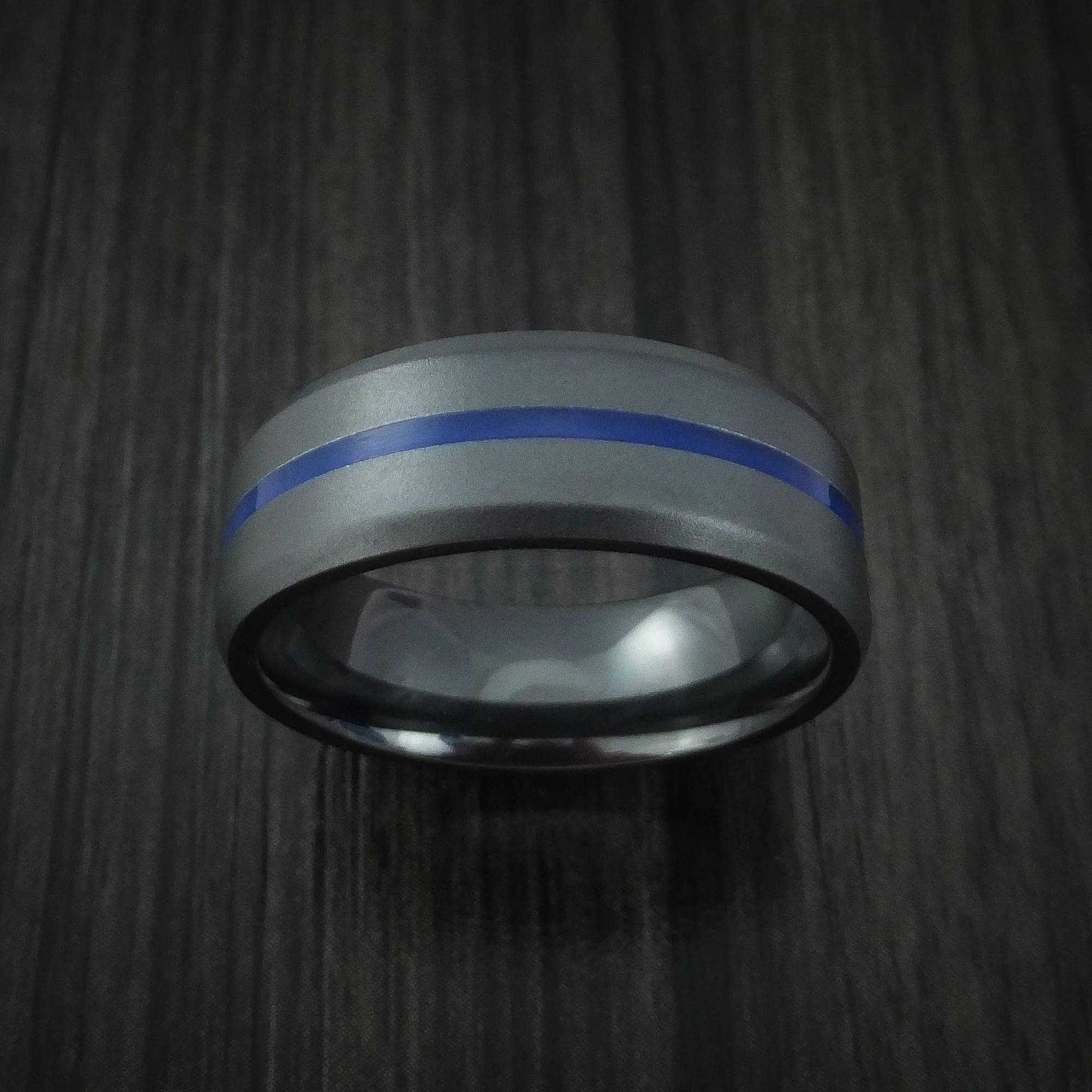 Black Titanium Men's Ring with Center Blue Inlay Wedding Band Genuine Craftsmanship - Image 2