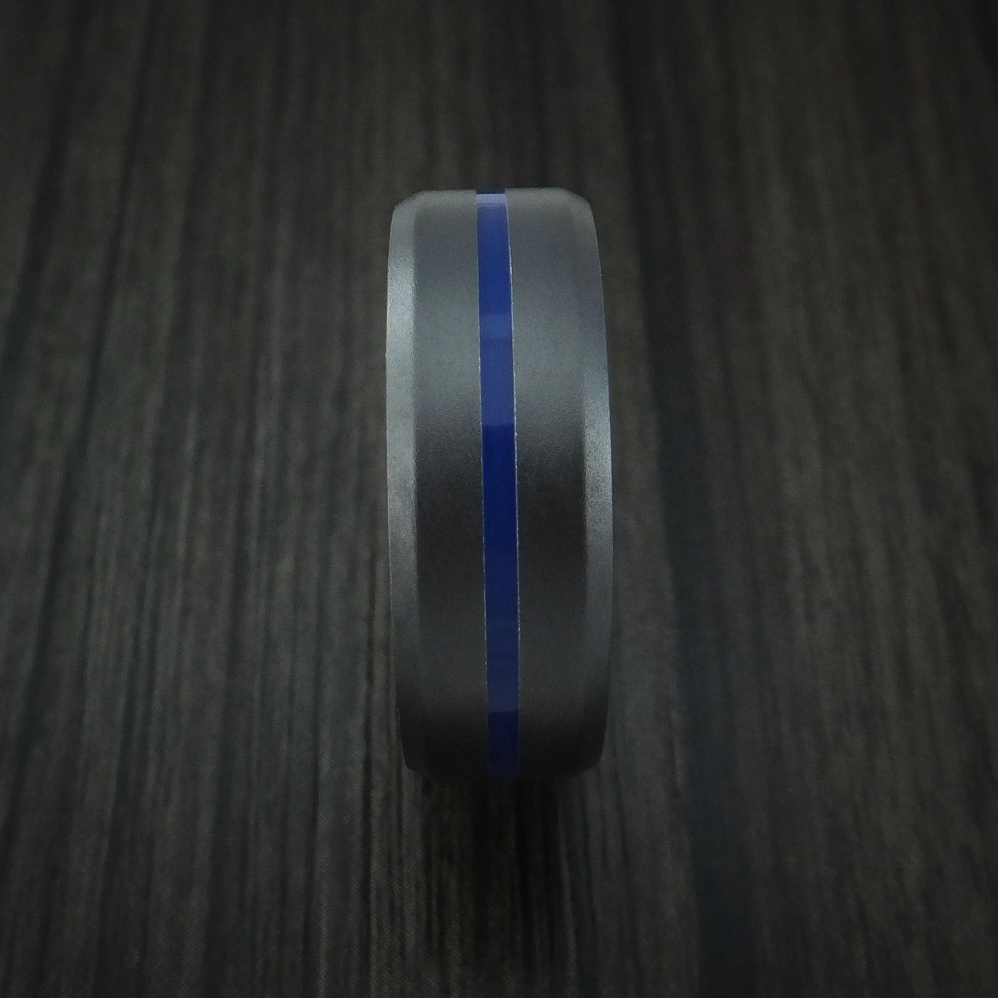 Black Titanium Men's Ring with Center Blue Inlay Wedding Band Genuine Craftsmanship - Image 3