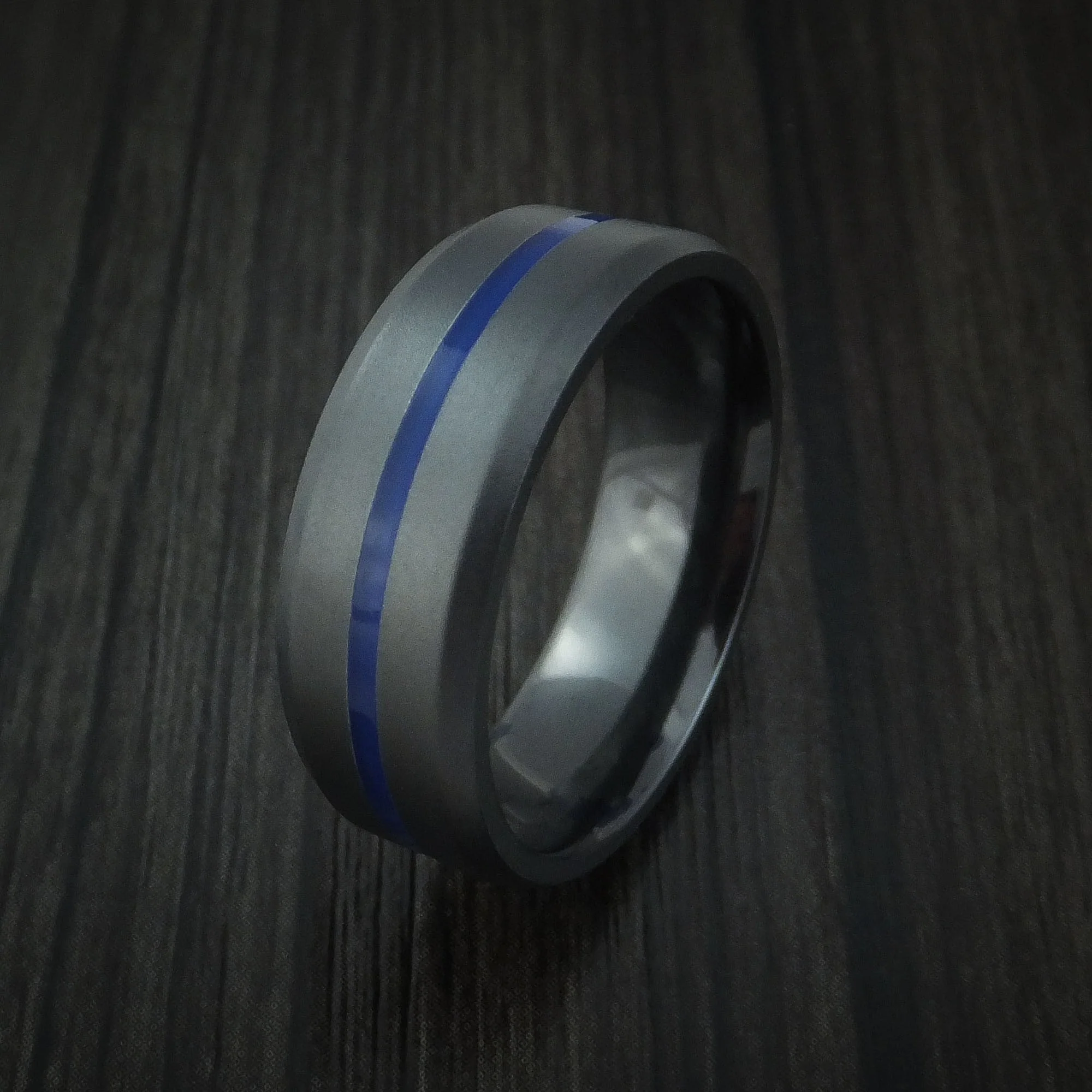 Black Titanium Men's Ring with Center Blue Inlay Wedding Band Genuine Craftsmanship - Image 4