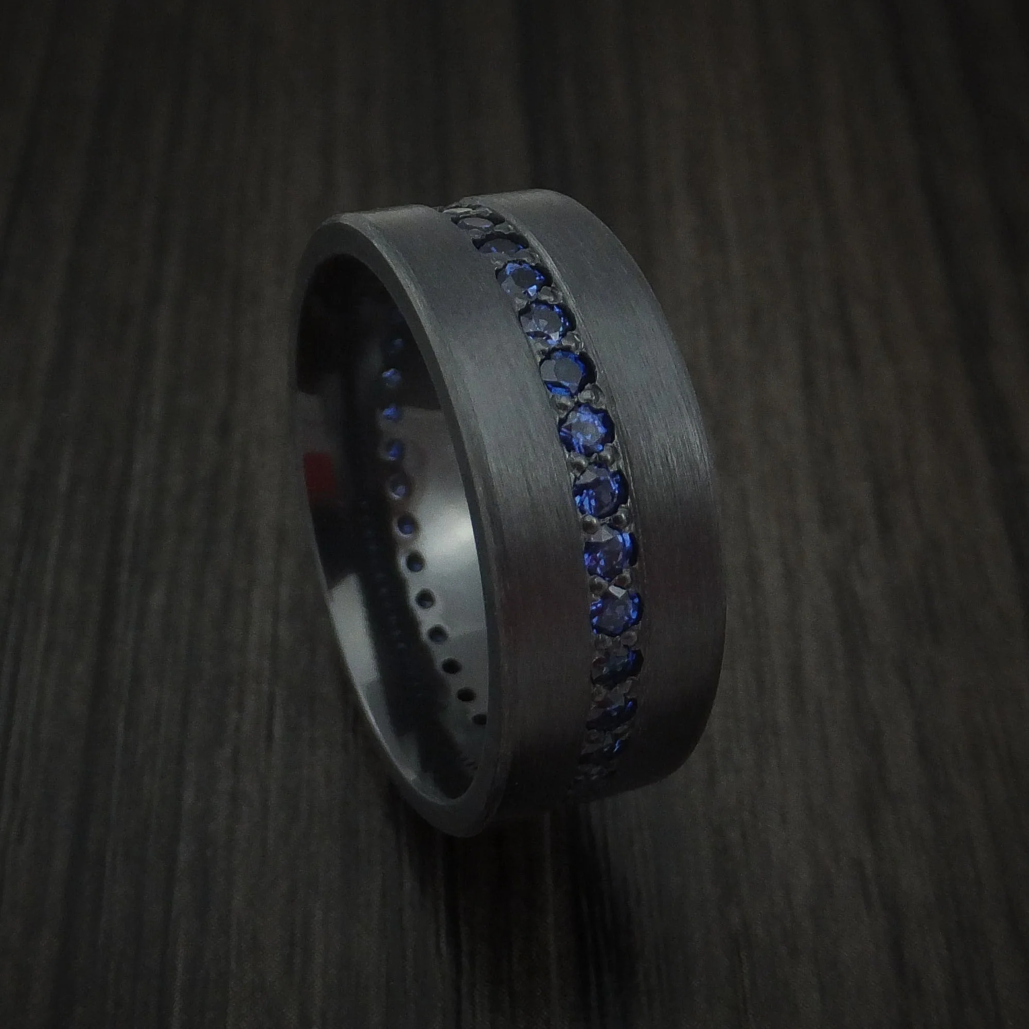 Black Titanium or Black Zirconium Custom Men's Ring with Eternity Channel Set Sapphires