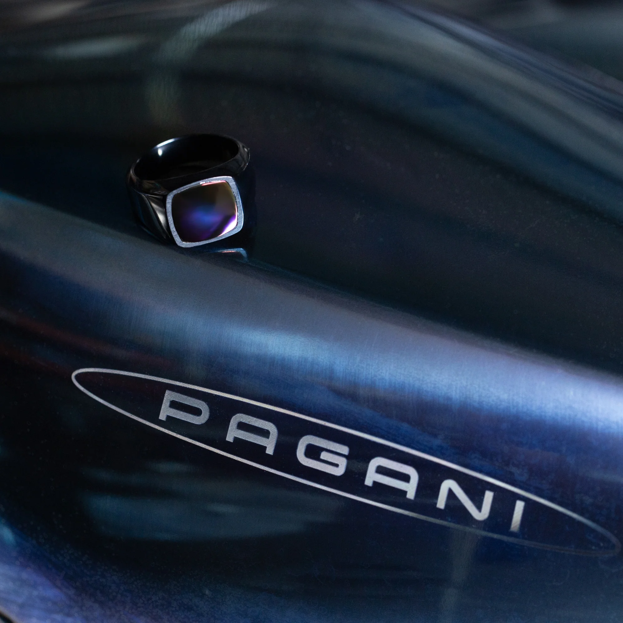 Black Titanium Signet Ring with Supercar Ron Authentic Hypercar Exhaust Inlay - Image 7