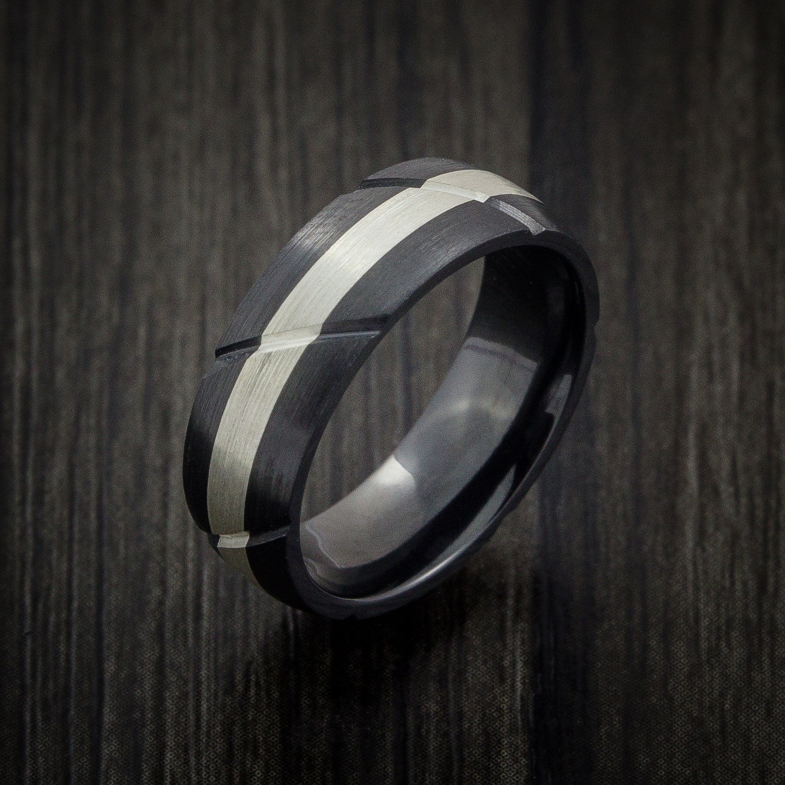 Black Titanium Textured Men's Ring with Silver Inlay Wedding Band - Image 3