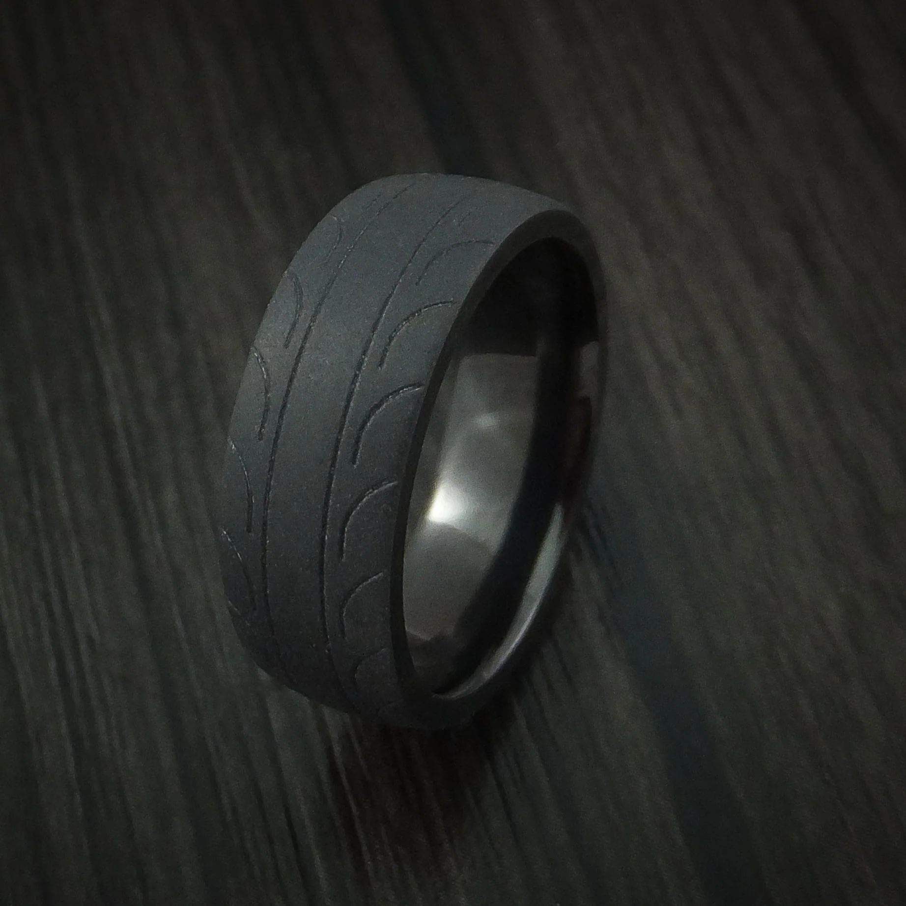 Black Titanium or Black Zirconium Custom Men's Ring with Tire Tread Pattern - Image 3
