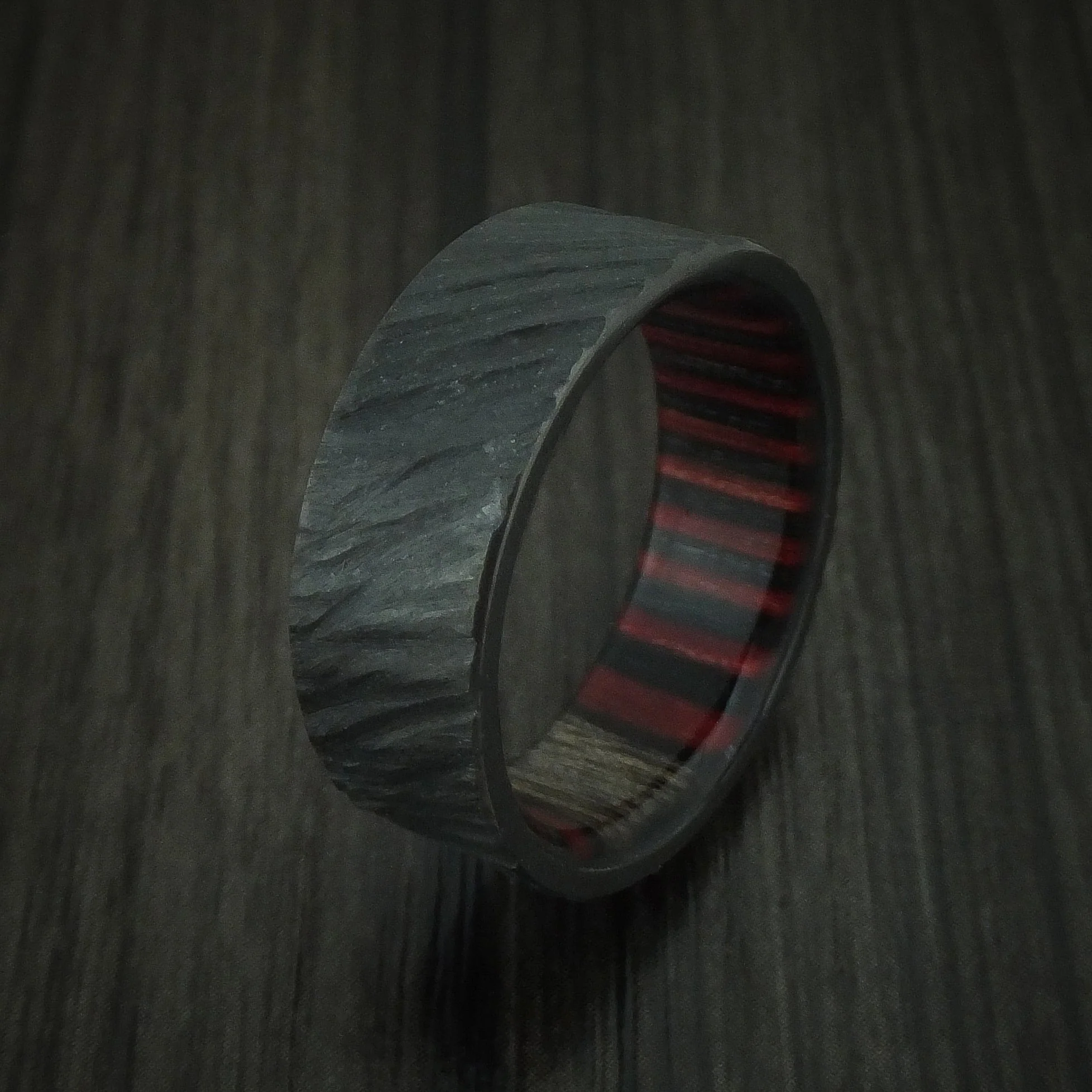 Black Titanium or Black Zirconium Custom Men's Ring with a Tree Bark Finish and Applejack Wood Sleeve - Image 4