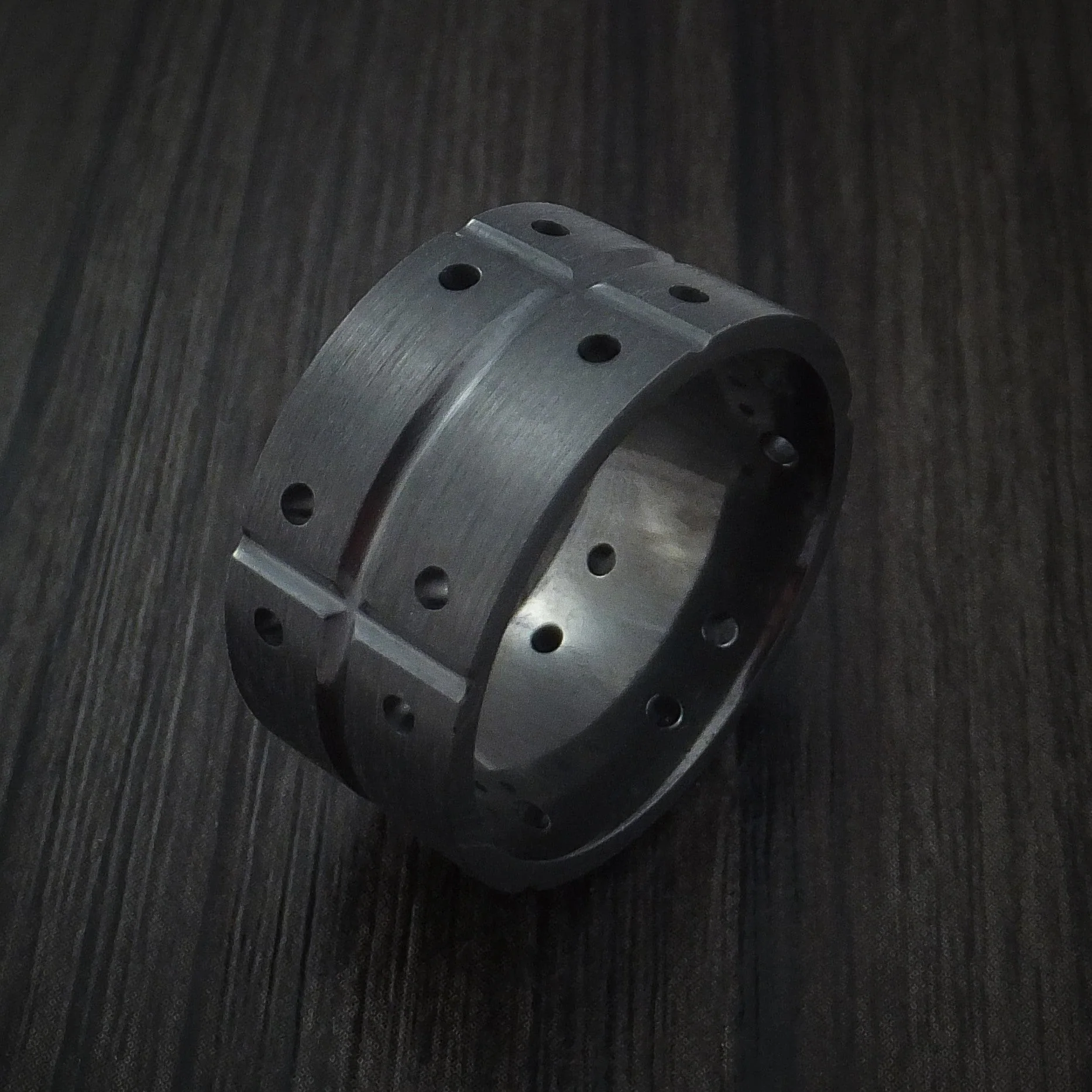 Wide Black Titanium or Black Zirconium Custom Men's Ring with an Industrial Design - Image 4