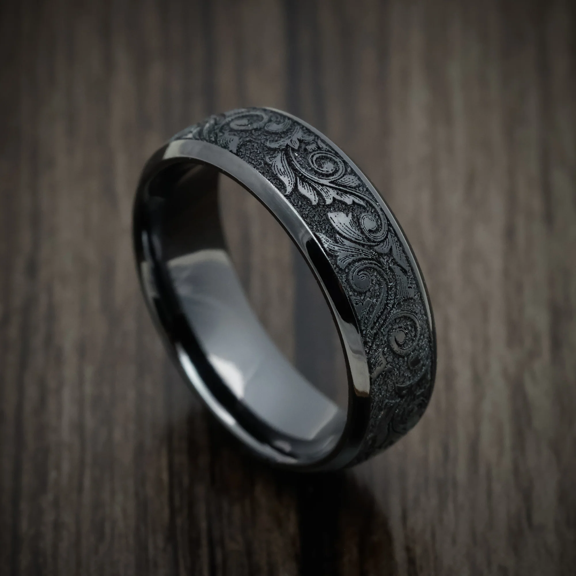 Black Titanium or Black Zirconium Custom Men's Ring with Vintage Floral Design