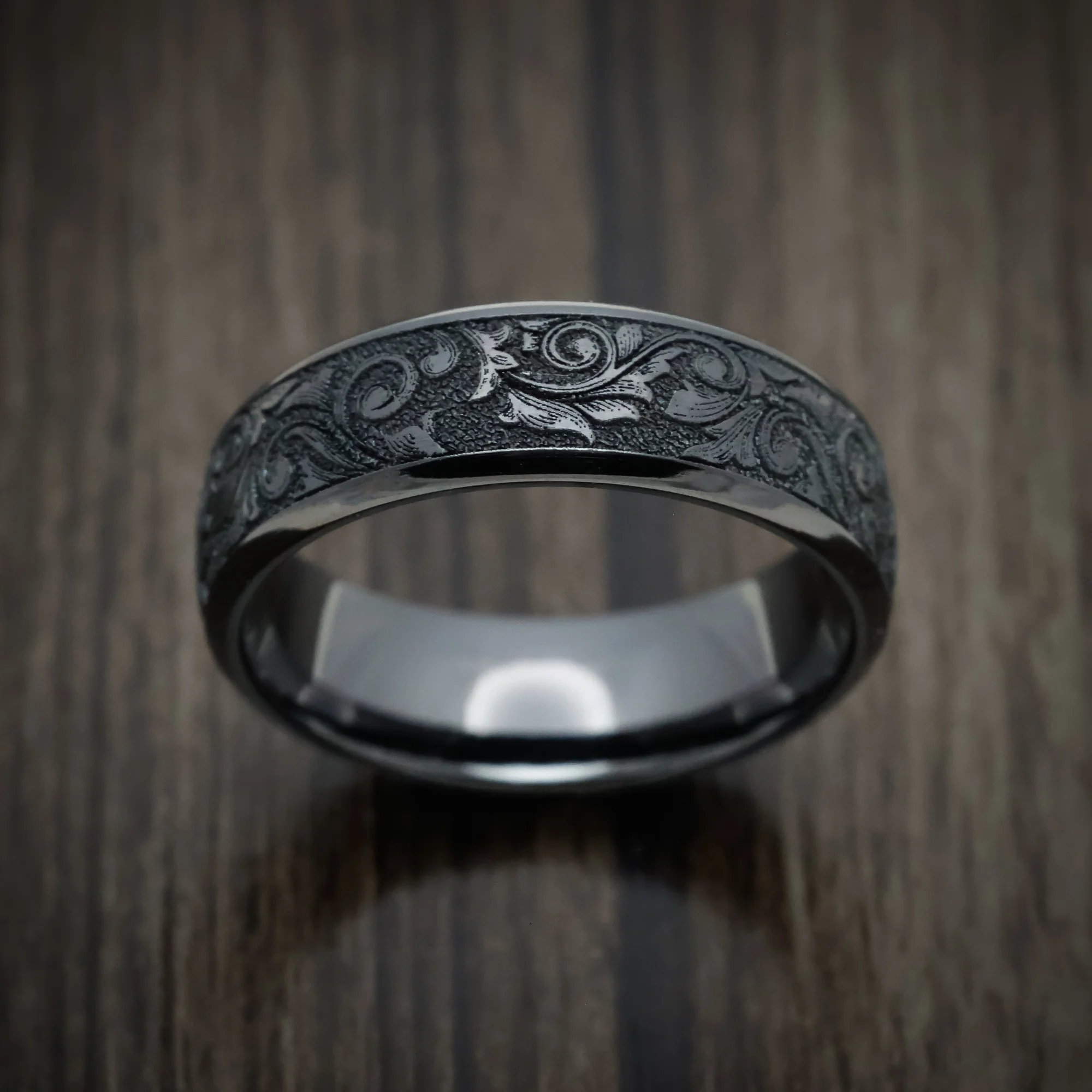 Black Titanium or Black Zirconium Custom Men's Ring with Vintage Floral Design - Image 2